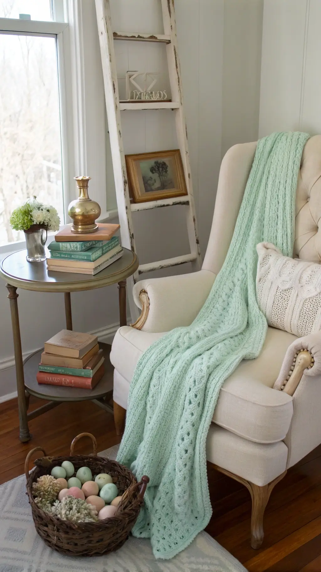 Cozy spring reading corner with cream linen wingback chair, mint knit throw, pastel vintage books, Easter decor on white ladder shelf, and soft window lighting.