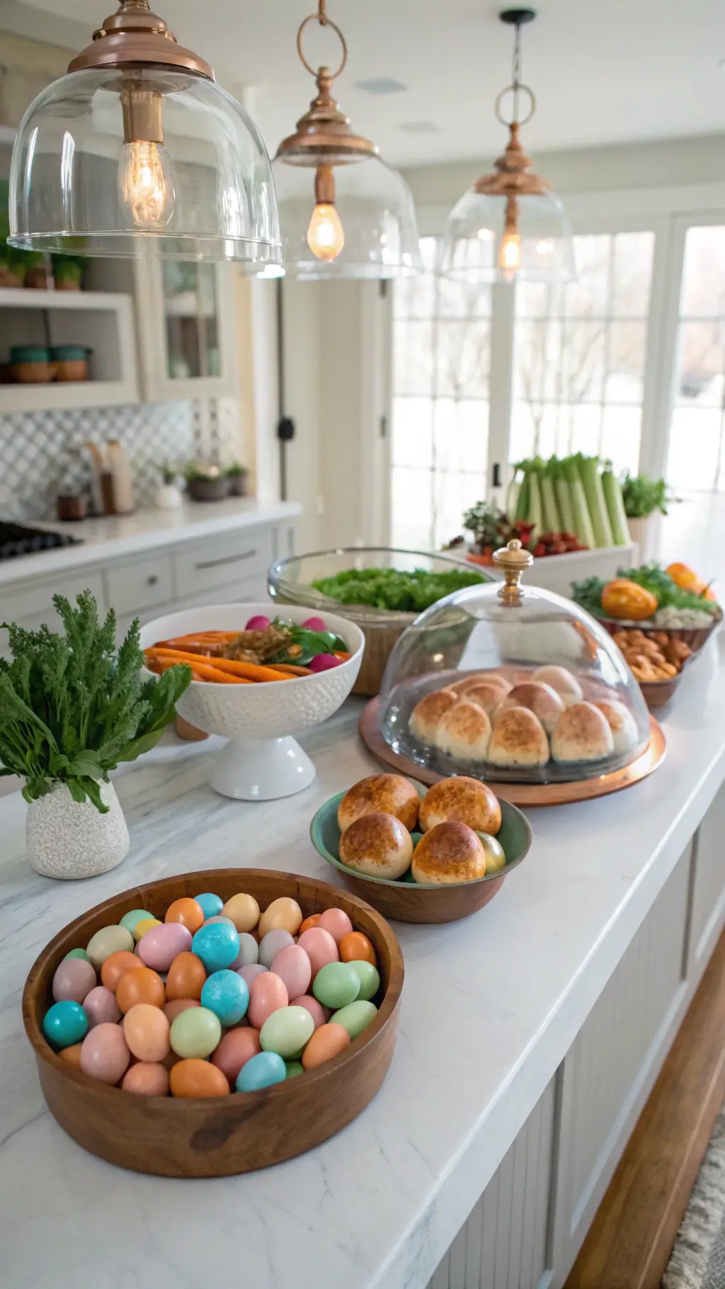 Overhead view of an 8ft white marble kitchen island styled for Easter brunch with ceramic bowls of dyed eggs and vegetables, copper mixing bowls, glass cloches covering hot cross buns, and natural light from skylights.