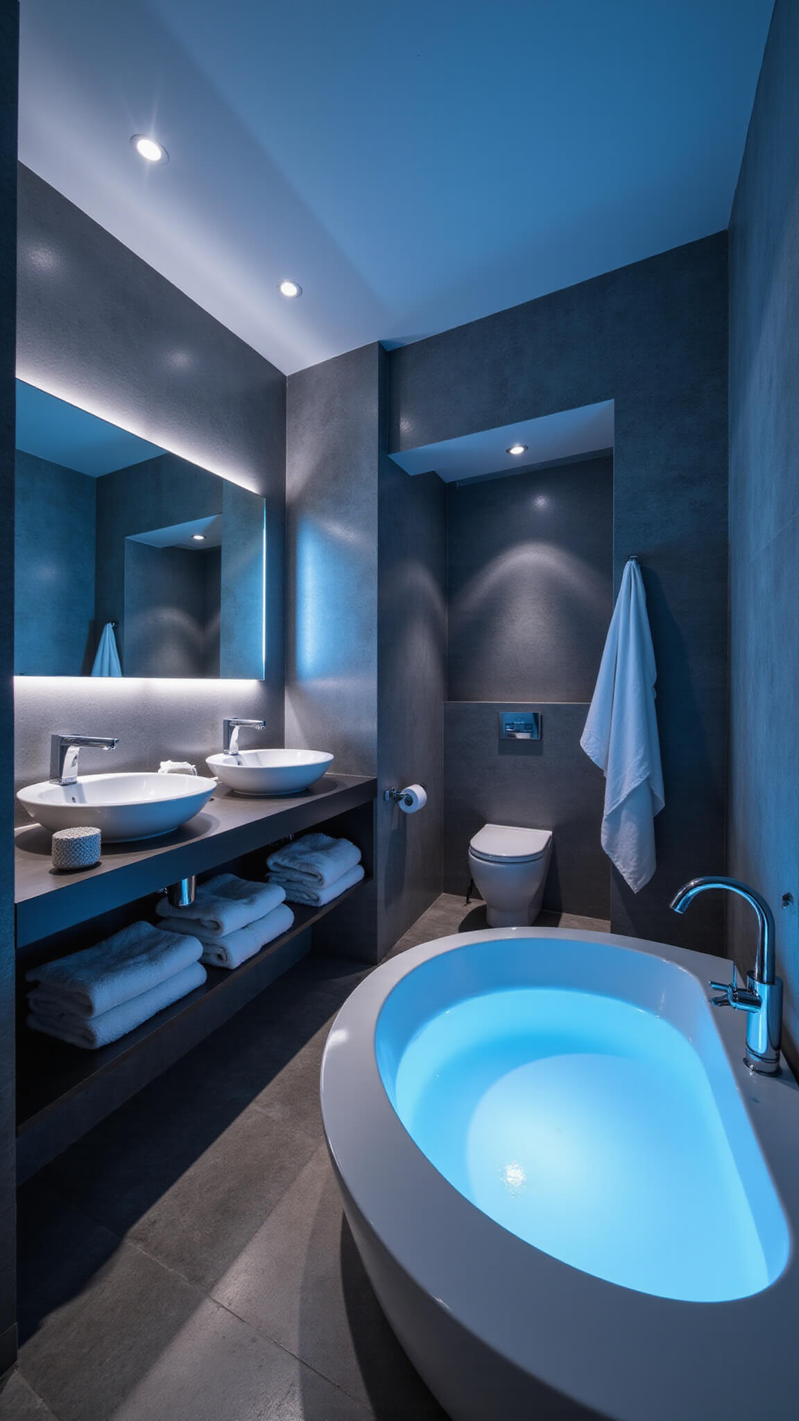 Modern wellness bathroom with chromotherapy tub, calming blue lighting, smart mirror displaying health data, floating double vanity, grey slate heated floors, touchless chrome fixtures, and dramatic architectural uplighting.