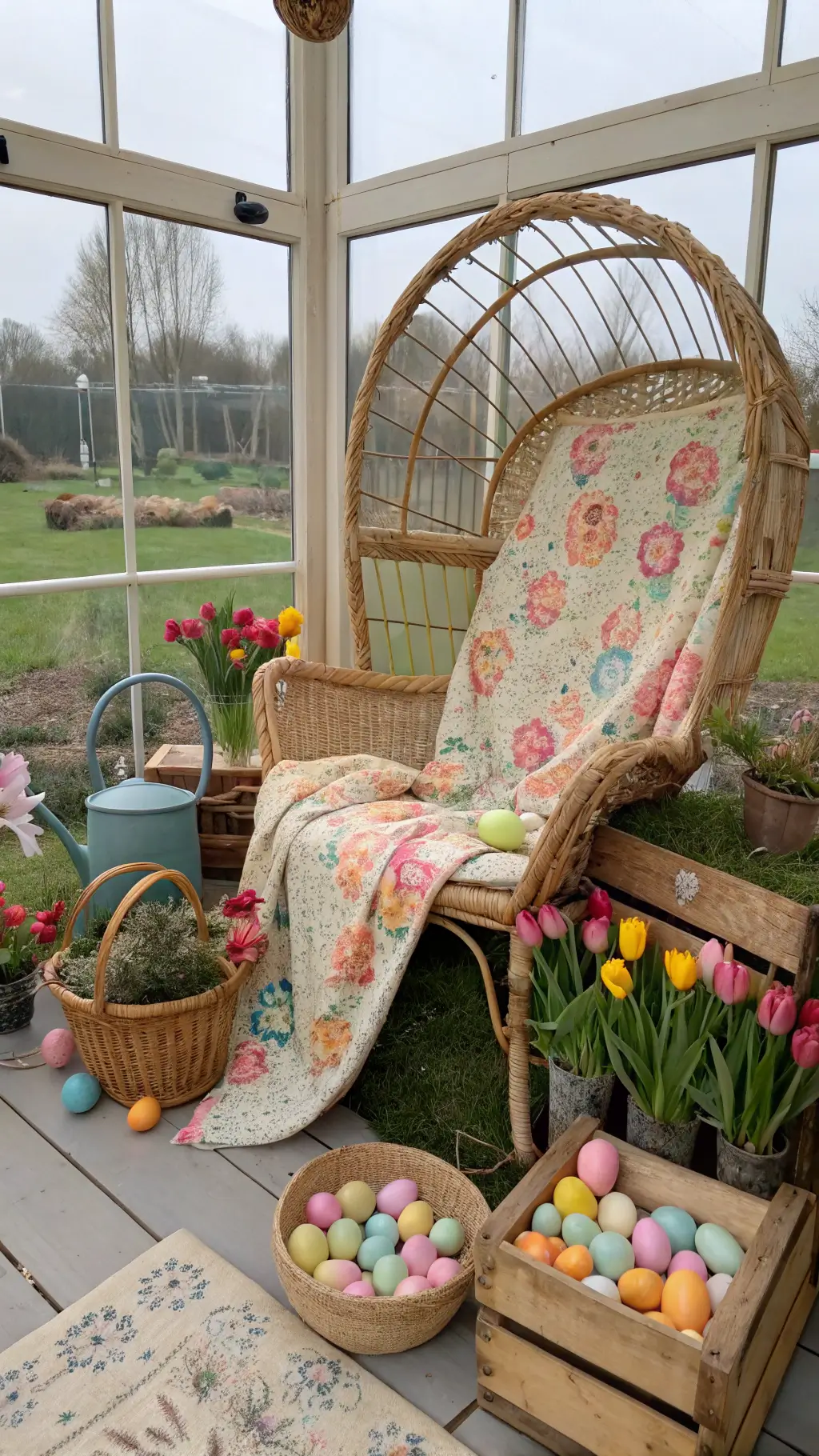 Child's-eye view of whimsical Easter egg hunt in garden room with rattan peacock chair, vintage crates of faux grass and colorful eggs, tulip-filled watering can, and soft light through greenhouse windows.