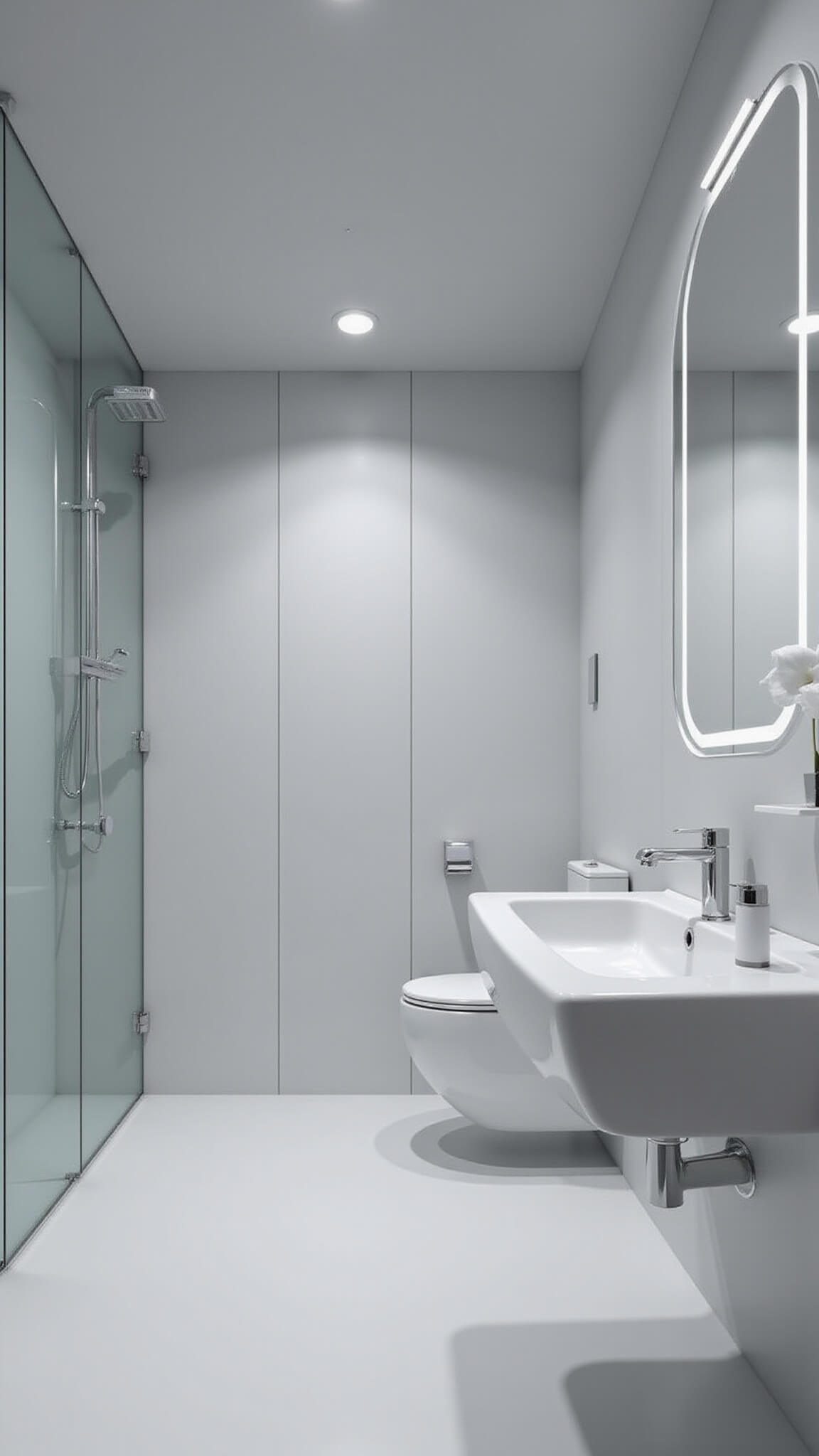 Minimalist wet room with floating white Corian vanity, nano-glass panels with embedded displays, motion-sensor fixtures, and diffused lighting in a monochromatic palette.