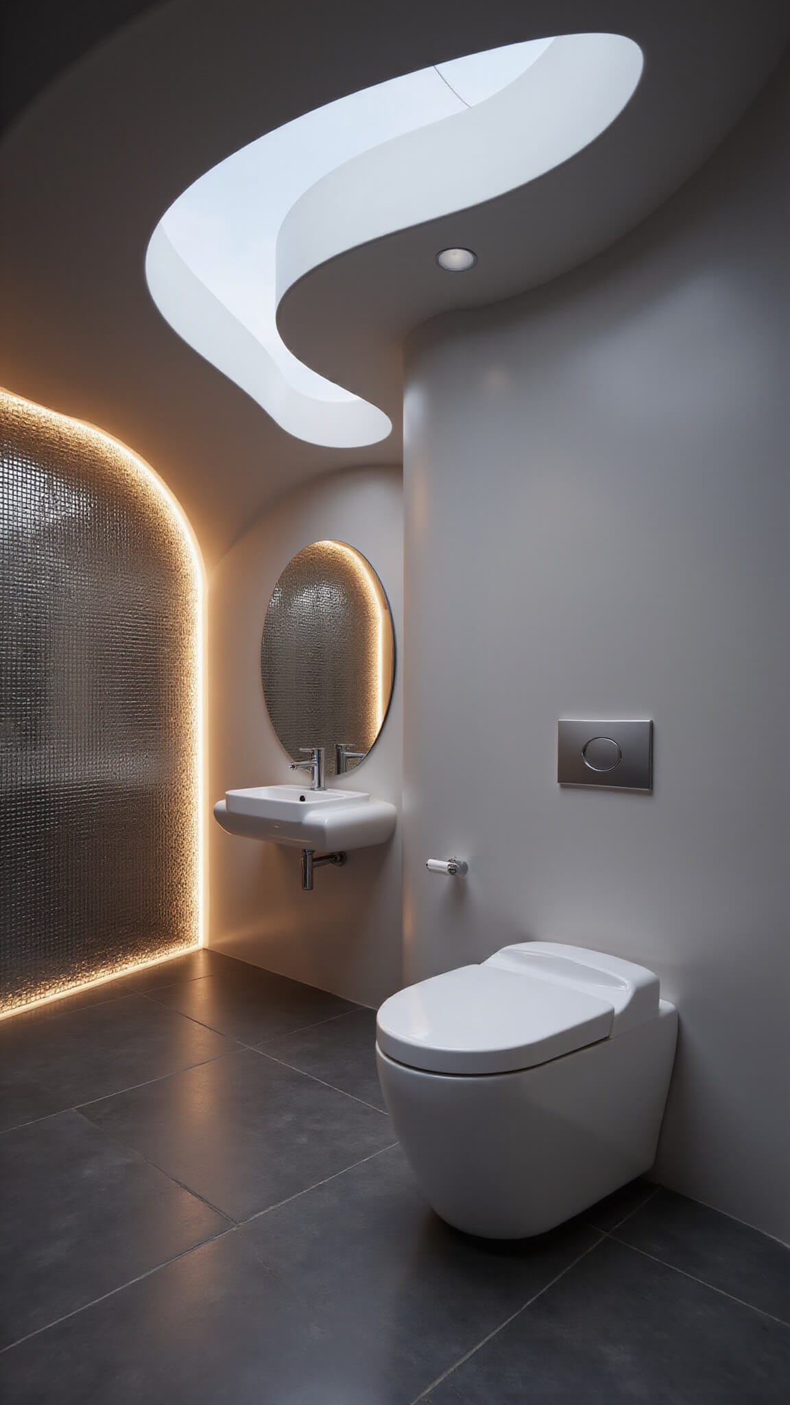 Futuristic smart bathroom with curved architecture, LED strip lighting, self-cleaning white toilet pod, interactive mirror wall, and metallic mosaic tile feature wall at dusk.