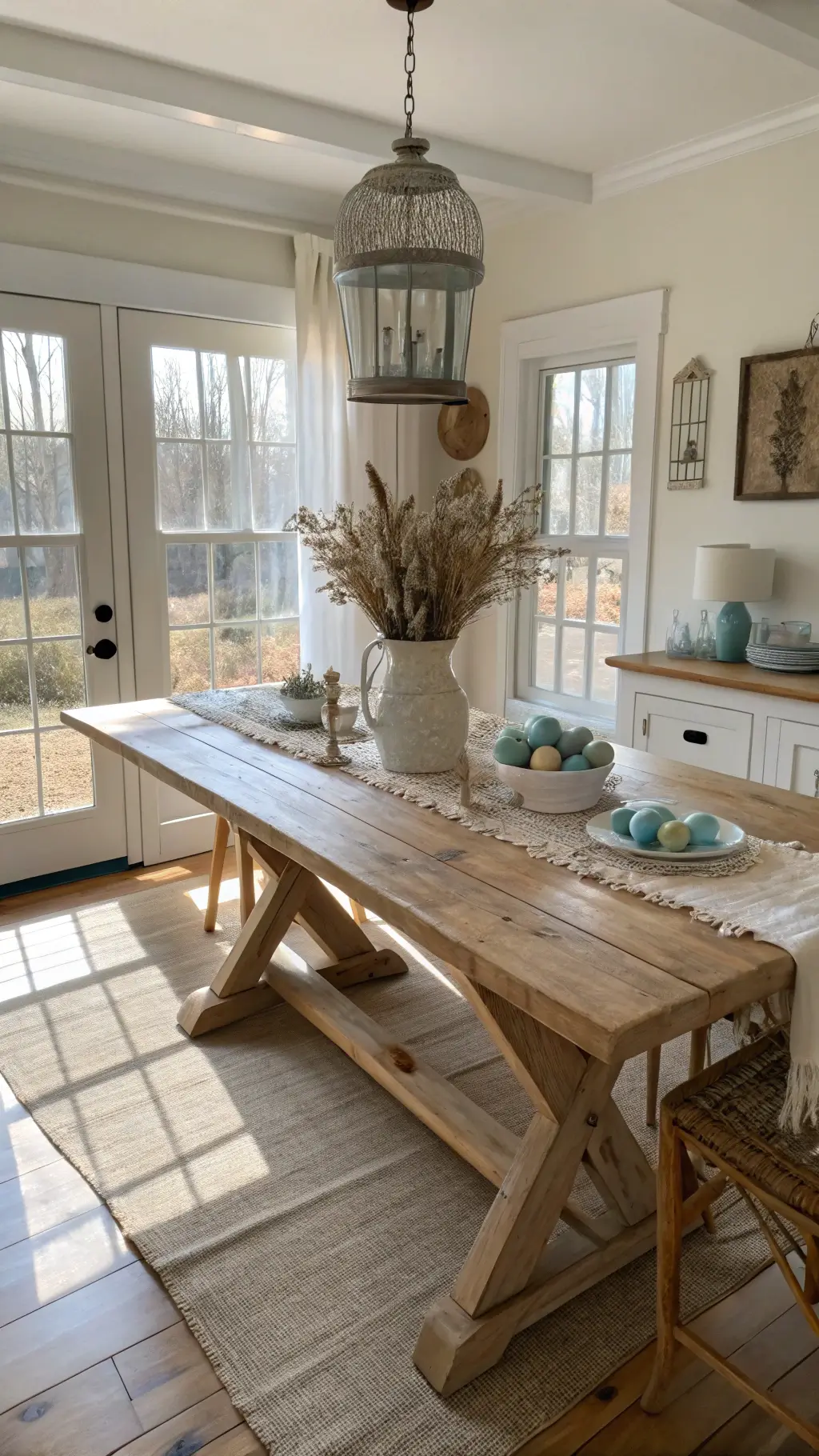 Farmhouse dining room with vintage trestle table decorated with burlap runner, ceramic pitcher centerpiece of pussy willows and dried wheat, milk glass bunnies, and blue ceramic eggs in golden hour light.