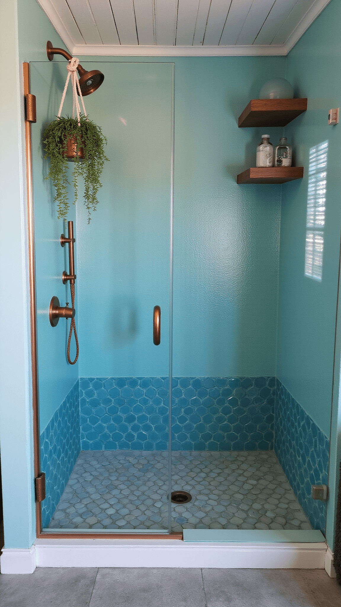 Low-angle view of a cozy 7x7ft corner shower at blue hour with ambient LED lighting, featuring ombre blue hexagonal floor tiles, textured glass door with rope handle, whitewashed cedar ceiling, seafoam green patinated copper fixtures, and nautical decor accents.