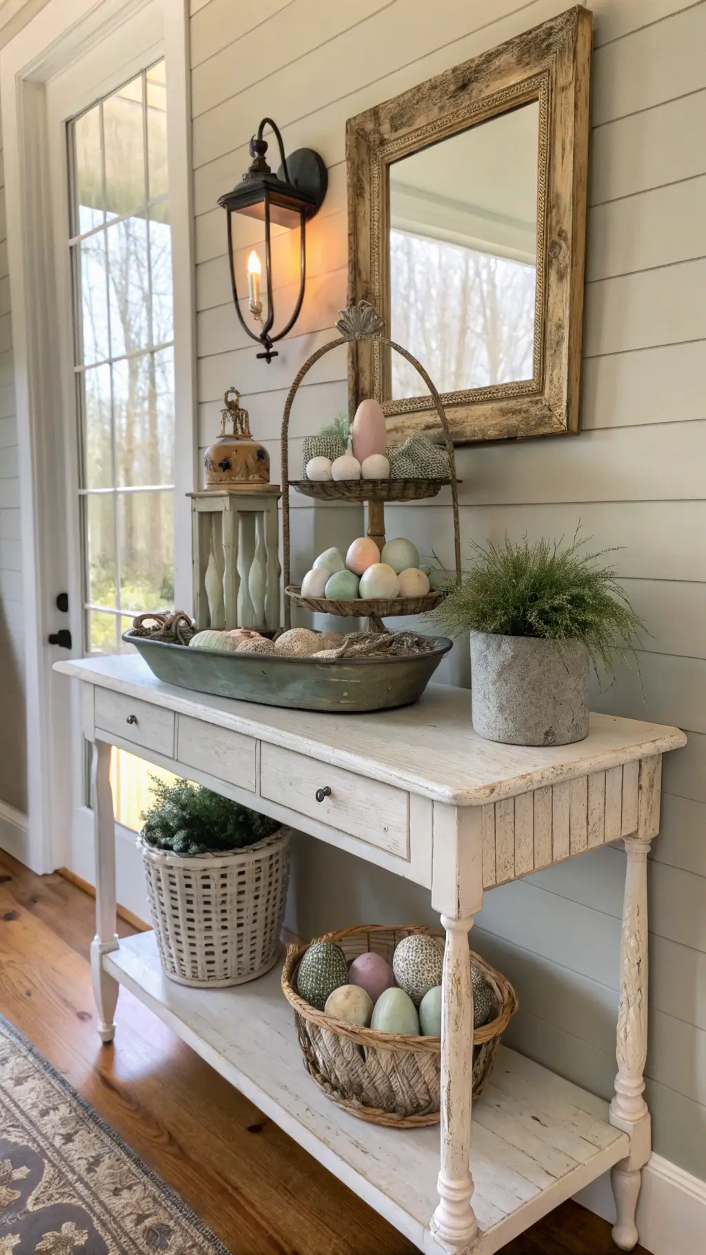 Farmhouse entryway vignette with cream console table, vintage ceramic bunnies, speckled pastel eggs in a grass basket, and antique brass mirror reflecting morning light.