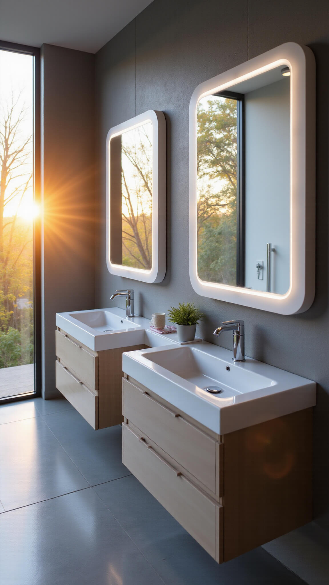 Futuristic bathroom hub with smart mirror showing health metrics, floating vanity with biometric sensors, and sunrise light through smart glass.