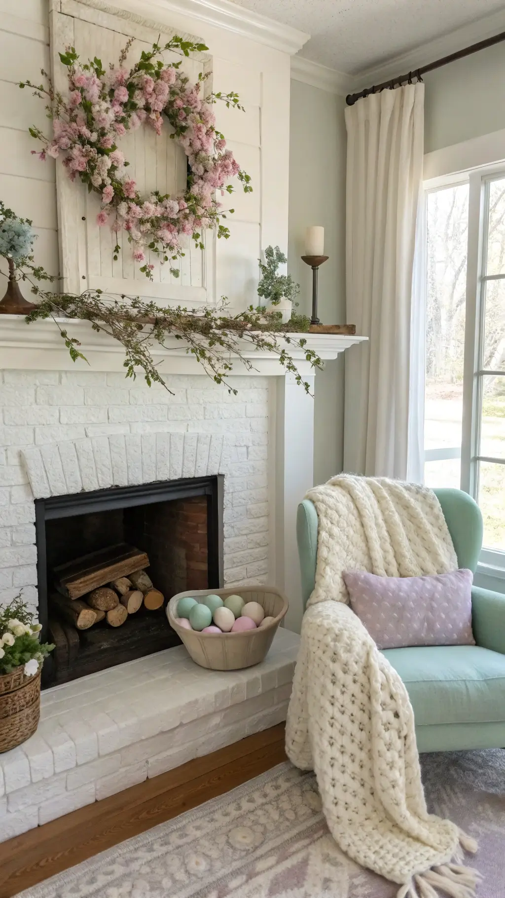 Cozy farmhouse living room nook with white brick fireplace mantel adorned with cherry blossom and eucalyptus garland, vintage bread bowl of pastel speckled eggs, and oatmeal knit throw on armchair in soft afternoon light.