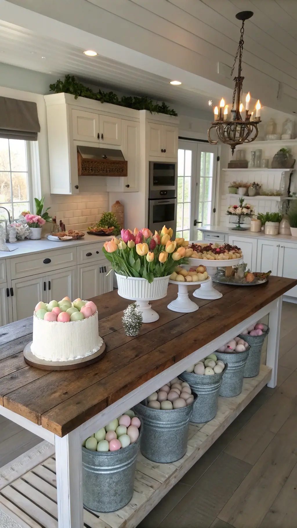 Overhead view of a 15x15ft open-concept kitchen at dawn with an industrial farmhouse island featuring an elaborate Easter brunch display of pastel macarons, decorated eggs on white ironstone cake stands, and tulips in cream and blush tones in galvanized buckets, with dramatic morning shadows.