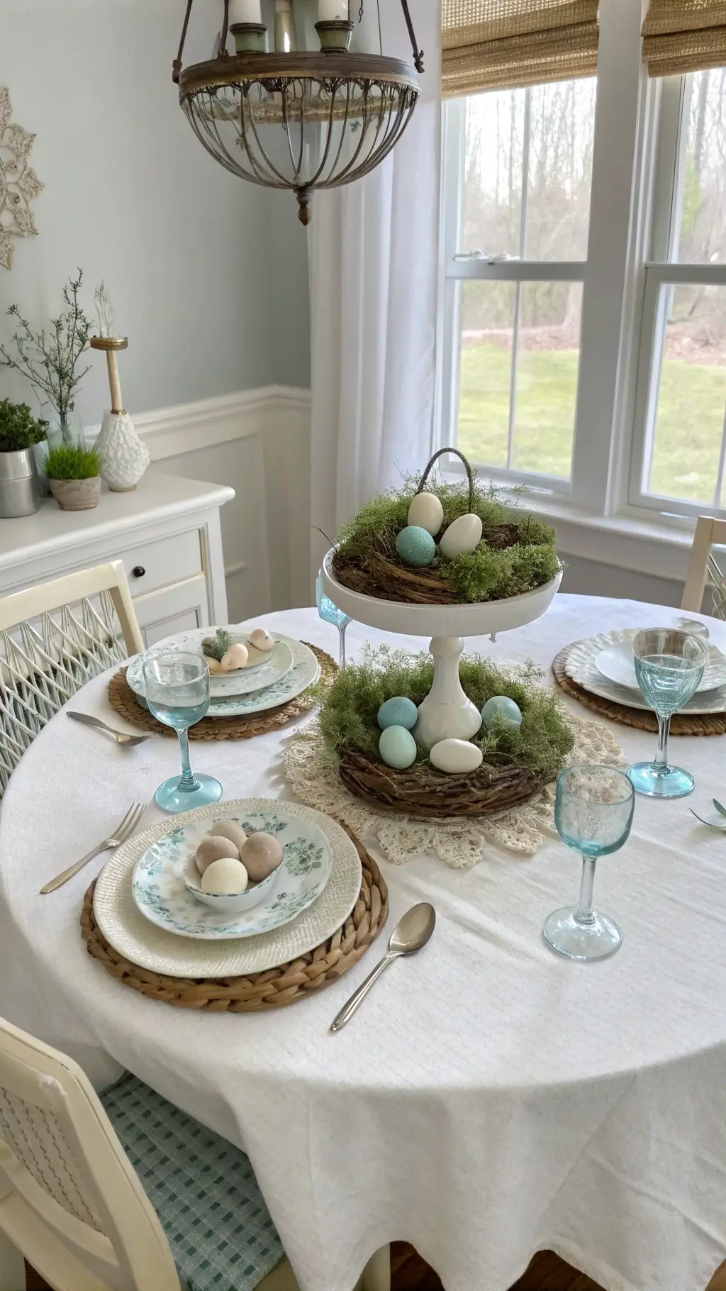 Easter-themed breakfast nook with vintage table setting, hand-painted eggs in grass nests, and mercury glass bunnies in soft natural light.
