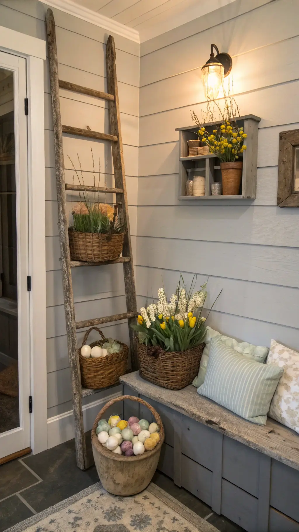 Cozy 6x8ft mudroom at dusk with vintage ladder displaying market baskets of spring flowers and eggs; shiplap gray walls, worn bench with grain sack cushions, rustic textures, and warm ambient lighting.