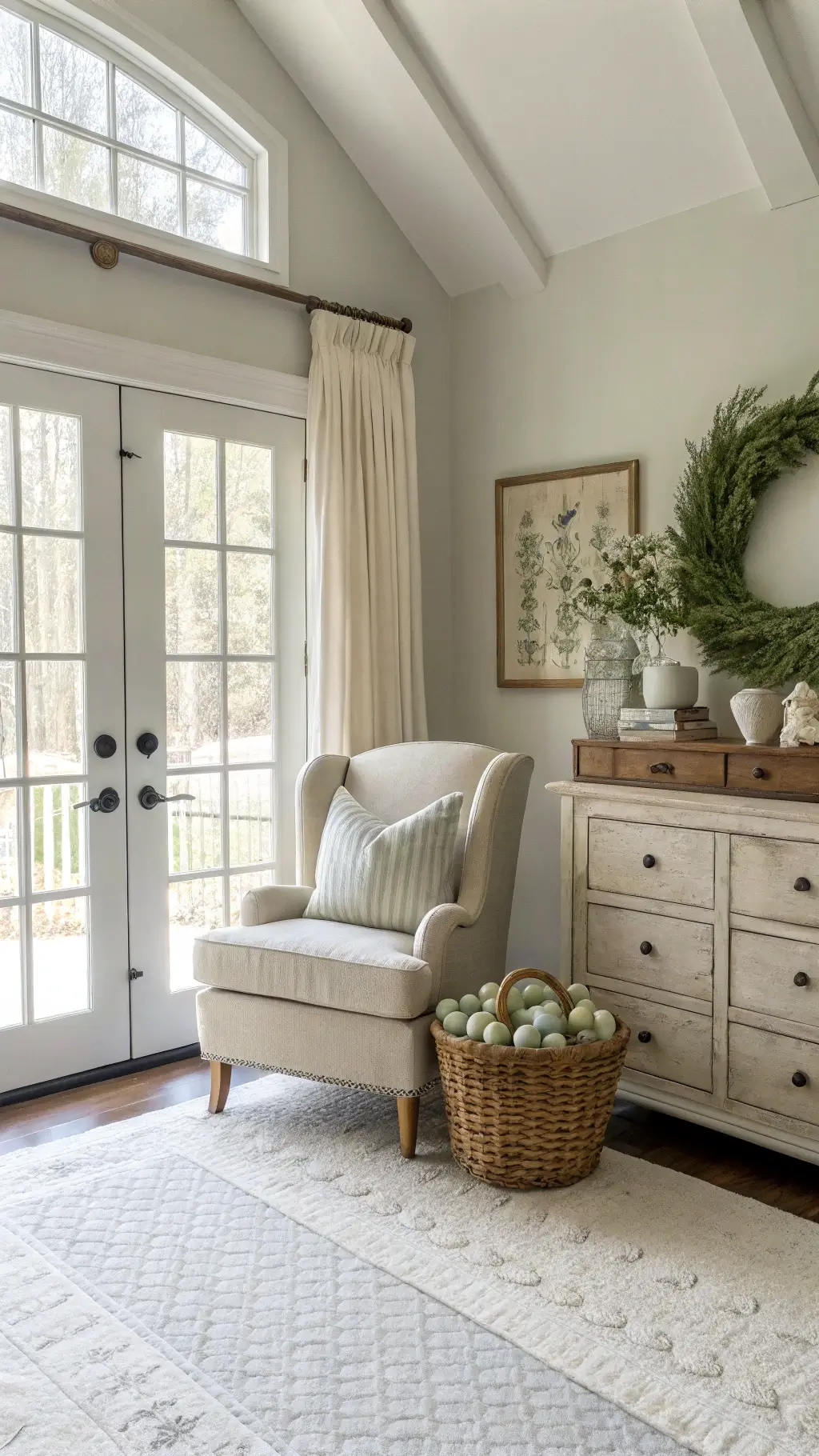 Elegant farmhouse master bedroom sitting area with wingback chair, vintage dresser, and French doors flooding space with natural light.