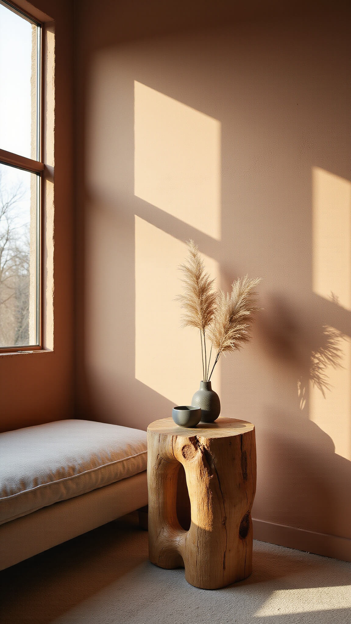 Sunlit minimalist living room with clay walls, oak wabi sabi side table, linen sofa, and dried pampas grass in ceramic vessel.