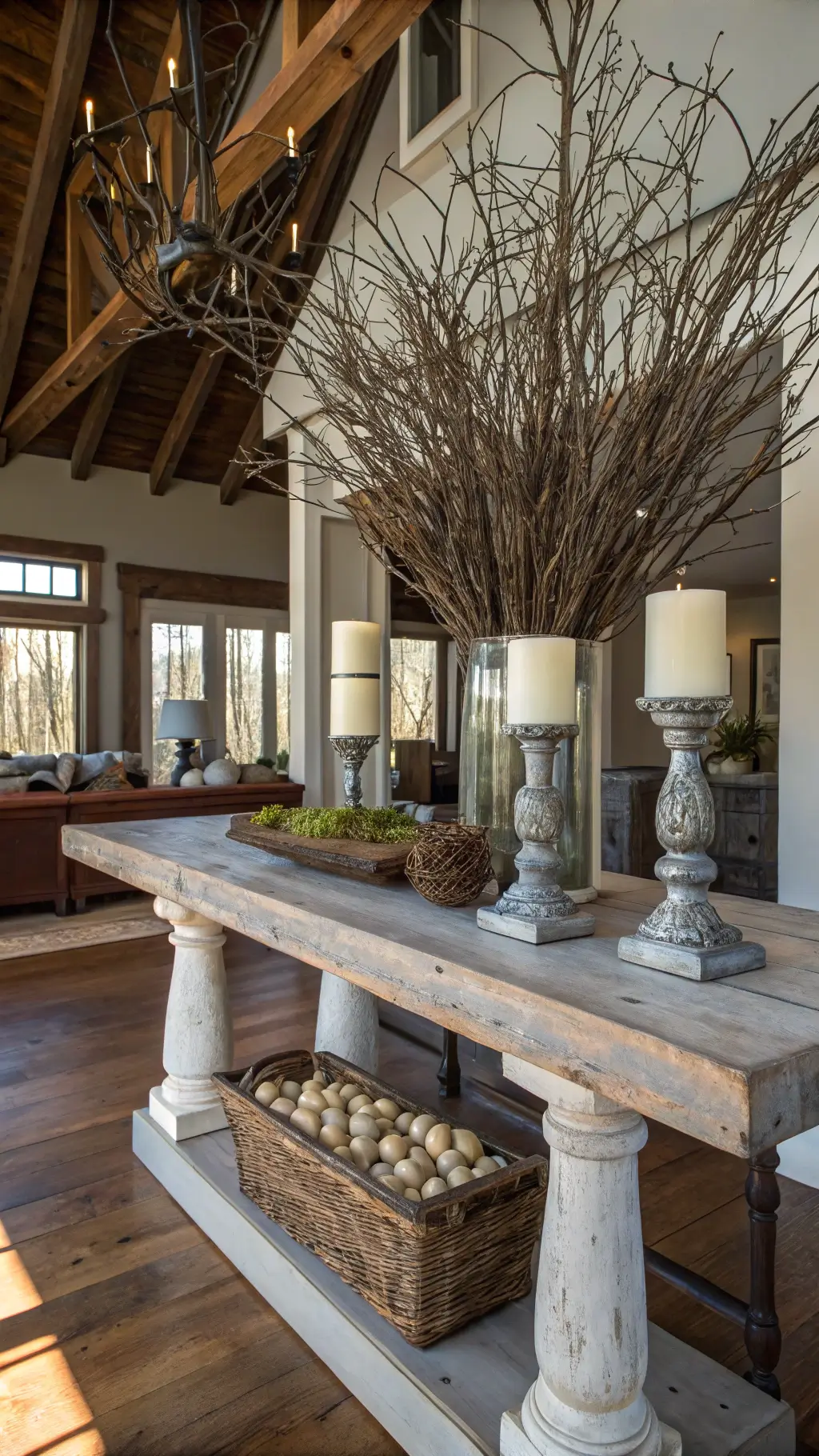 Rustic console table vignette in sunlit great room with exposed beams, featuring pillar candles, pussy willow branches, quail eggs on moss, and weathered wood textures.