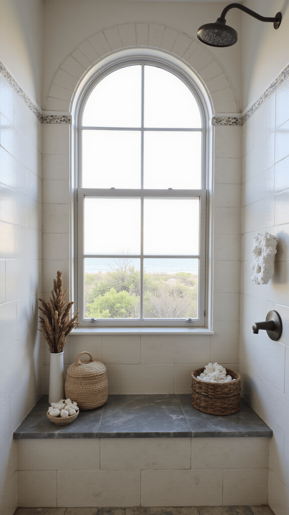 Sunlit 10x12ft shower room with arched coastal-view window, white ceramic pebble-patterned tiles, marble bench, and coastal-themed decor.