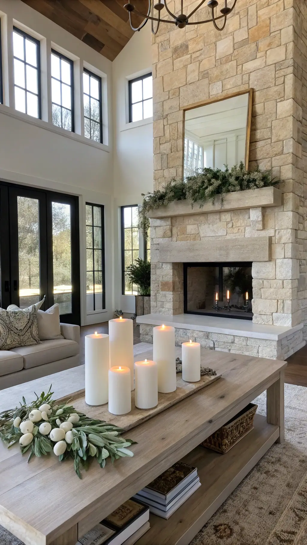 Modern 20x20ft great room with stone fireplace, mid-morning light through clerestory windows, oversized bleached oak coffee table with white pillar candles in glass cylinders, olive branches, white orchids, and silver eggs; warm whites, pale wood, and sage green tones.