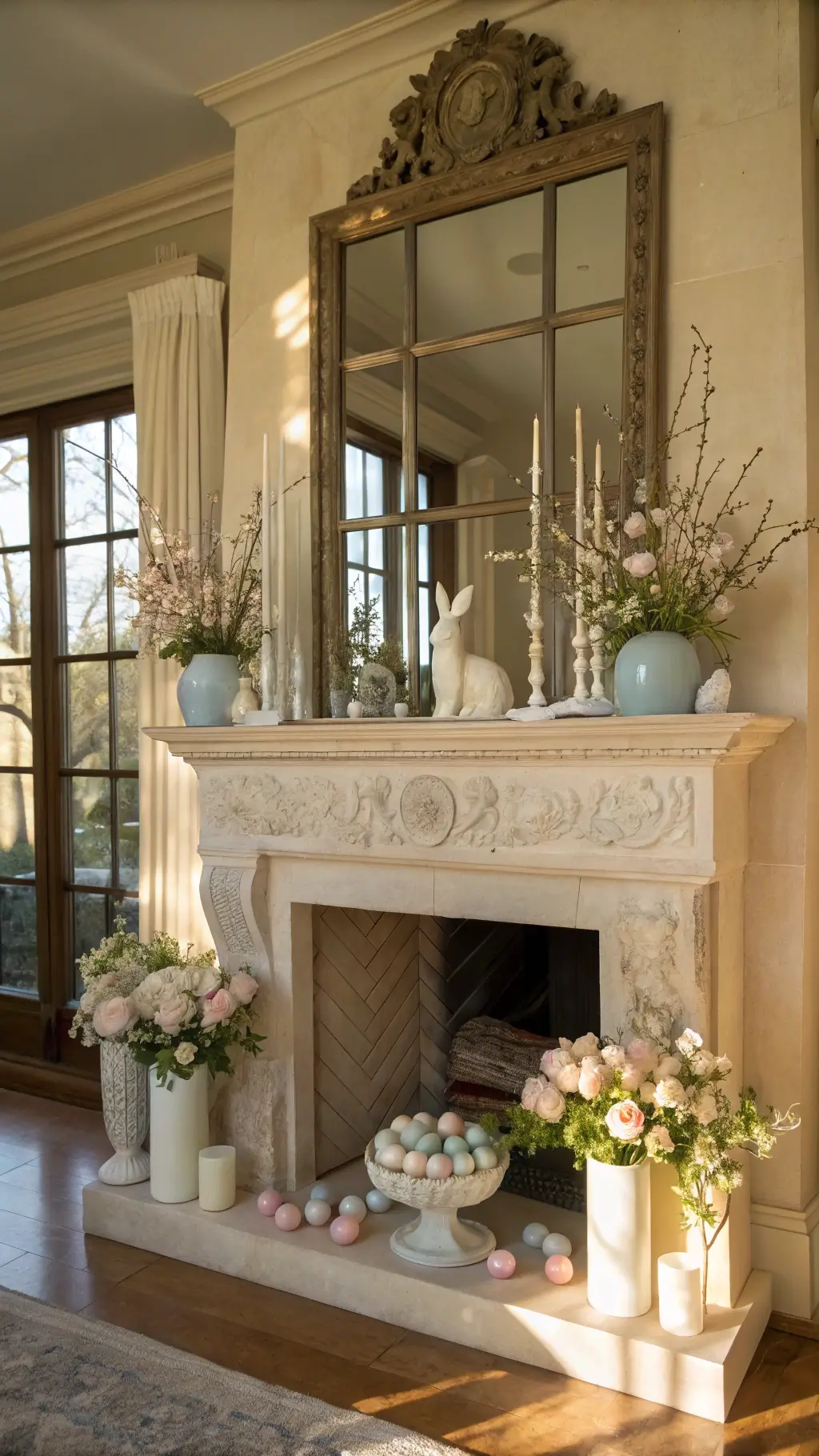Elegant Easter mantel with vintage milk glass vases, pink peonies, and ceramic bunnies in soft morning light.