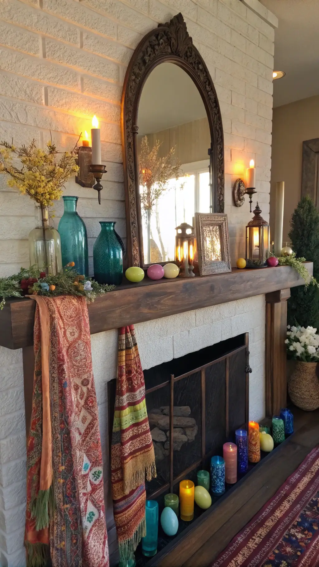 Bohemian Easter mantel with vintage brass mirror, colored glass bottles of wildflowers, hand-painted eggs, silk scarves, and Moroccan lanterns in dramatic afternoon light.