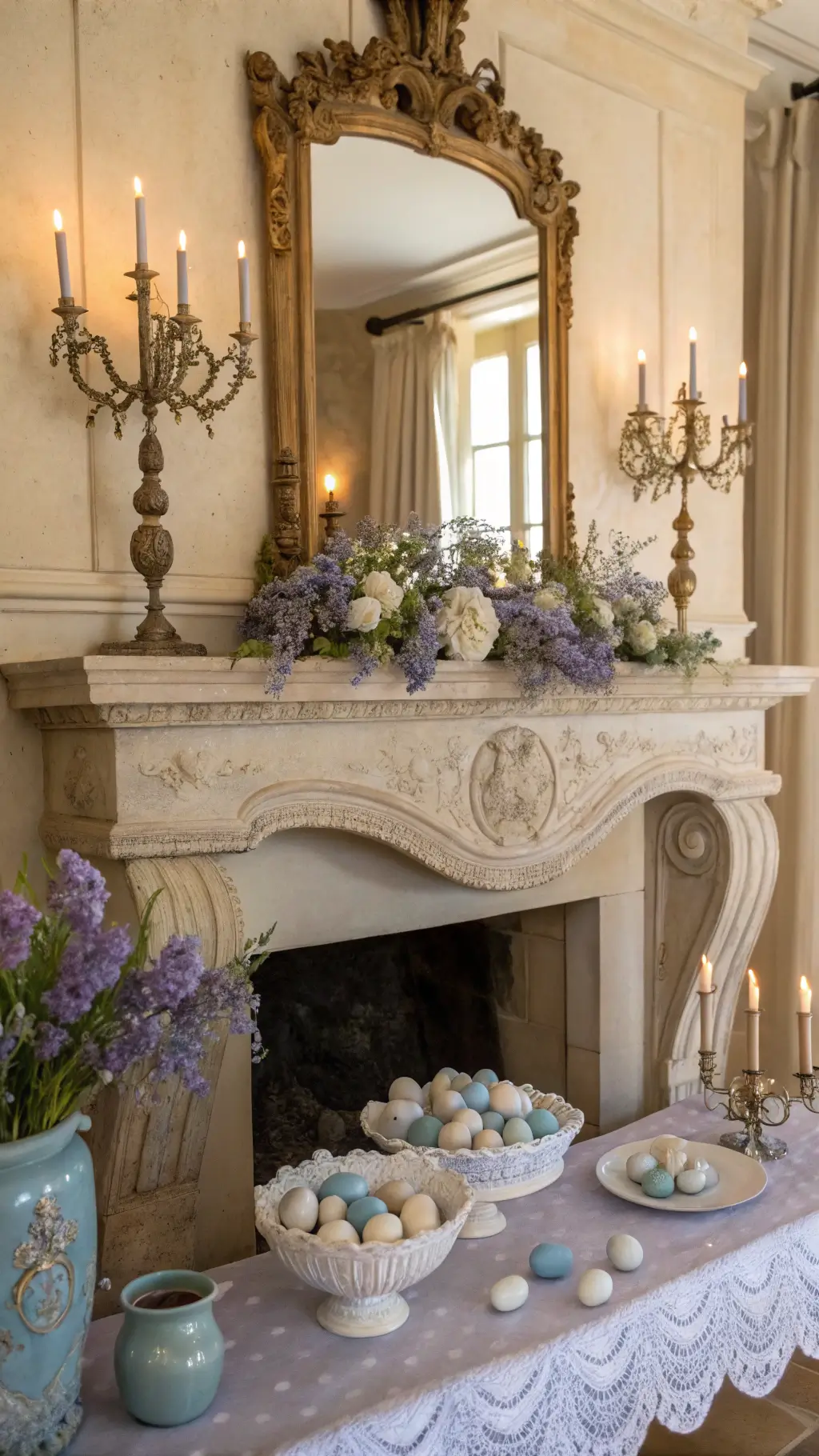 French country Easter mantel with gilt mirror, blue and white pottery of lavender, pastel porcelain eggs, lace runner, and crystal candelabras in soft romantic light.