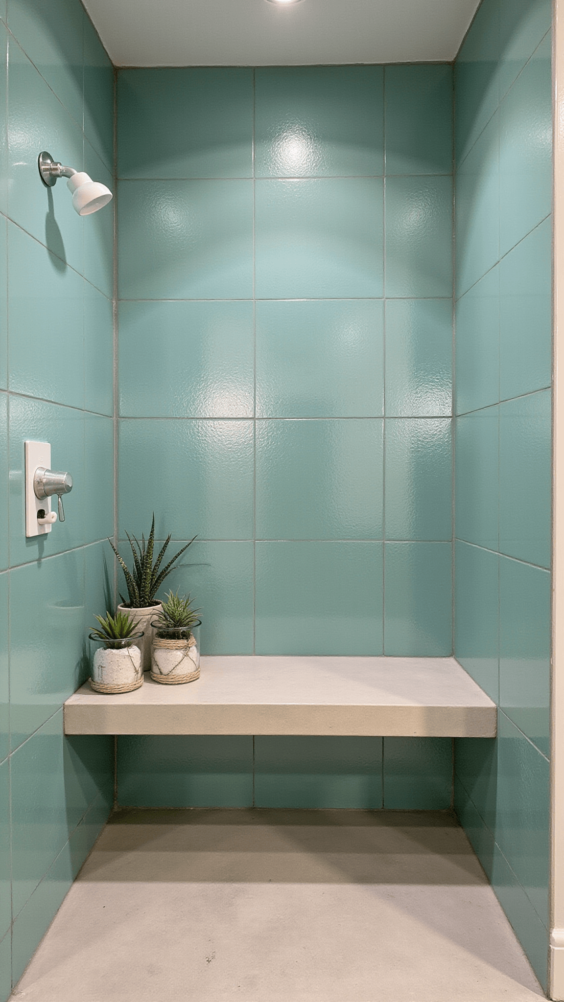 Modern 6x8ft shower with shimmering aqua glass tiles, pale cement bench, matte white fixtures, and sunset backlighting highlighting geometric decor.