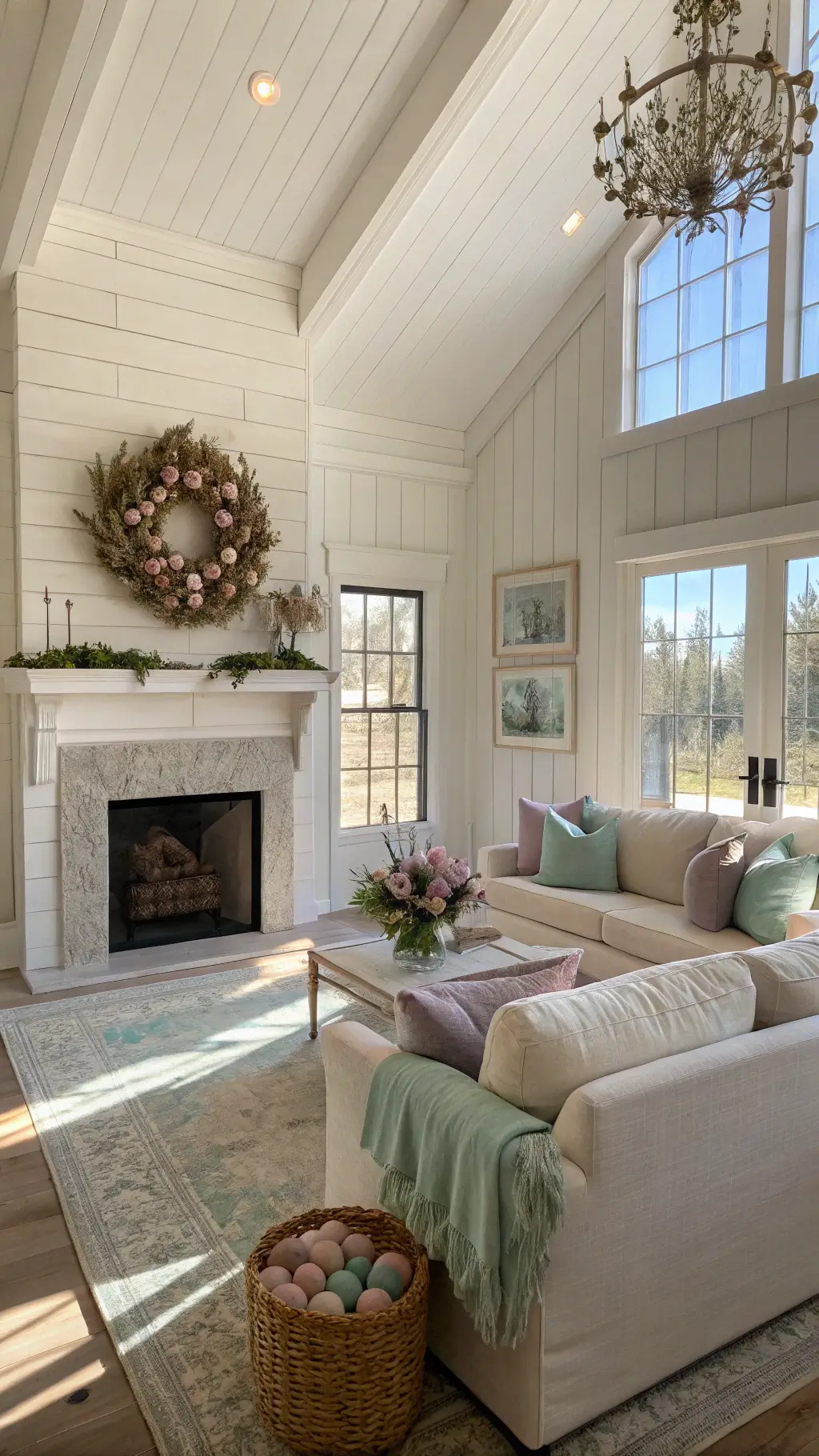 Farmhouse living room with limestone fireplace, pastel spring decor, and golden hour light streaming through tall windows onto oak floors.