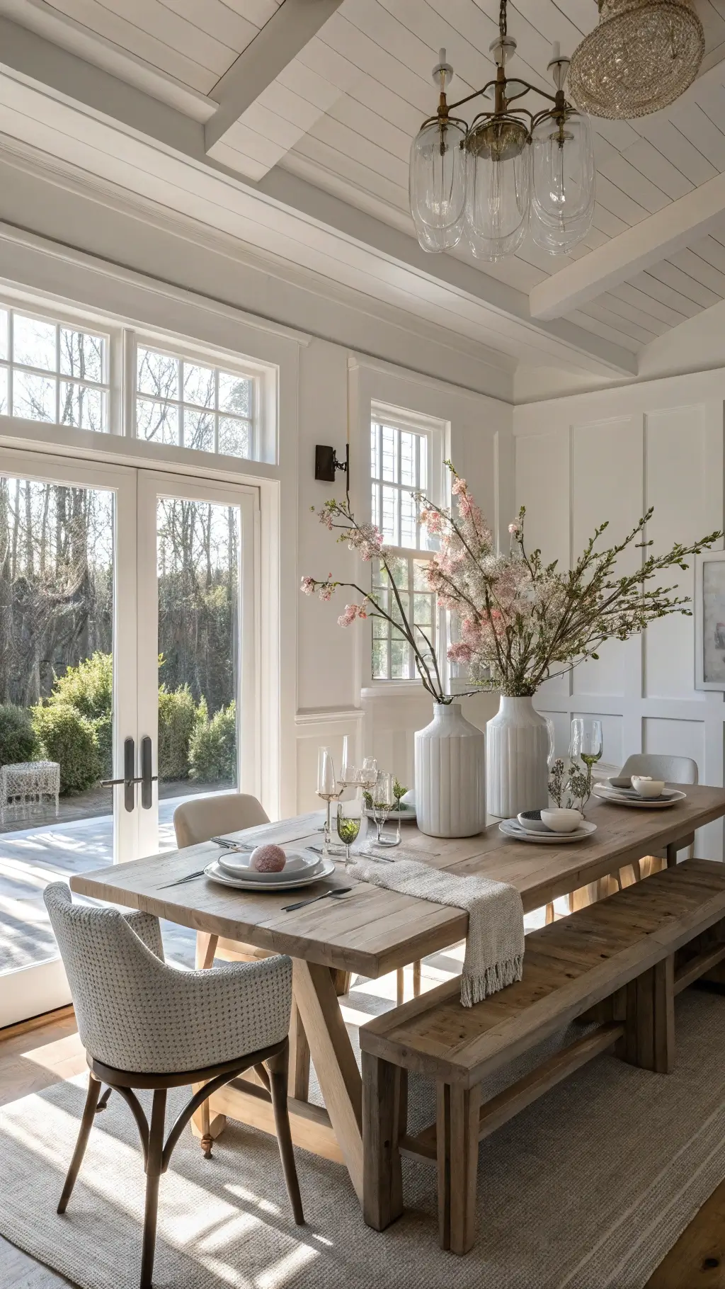 Minimalist Easter dining room with whitewashed oak table, cherry blossoms in white vases, ceramic eggs, and soft golden hour lighting.