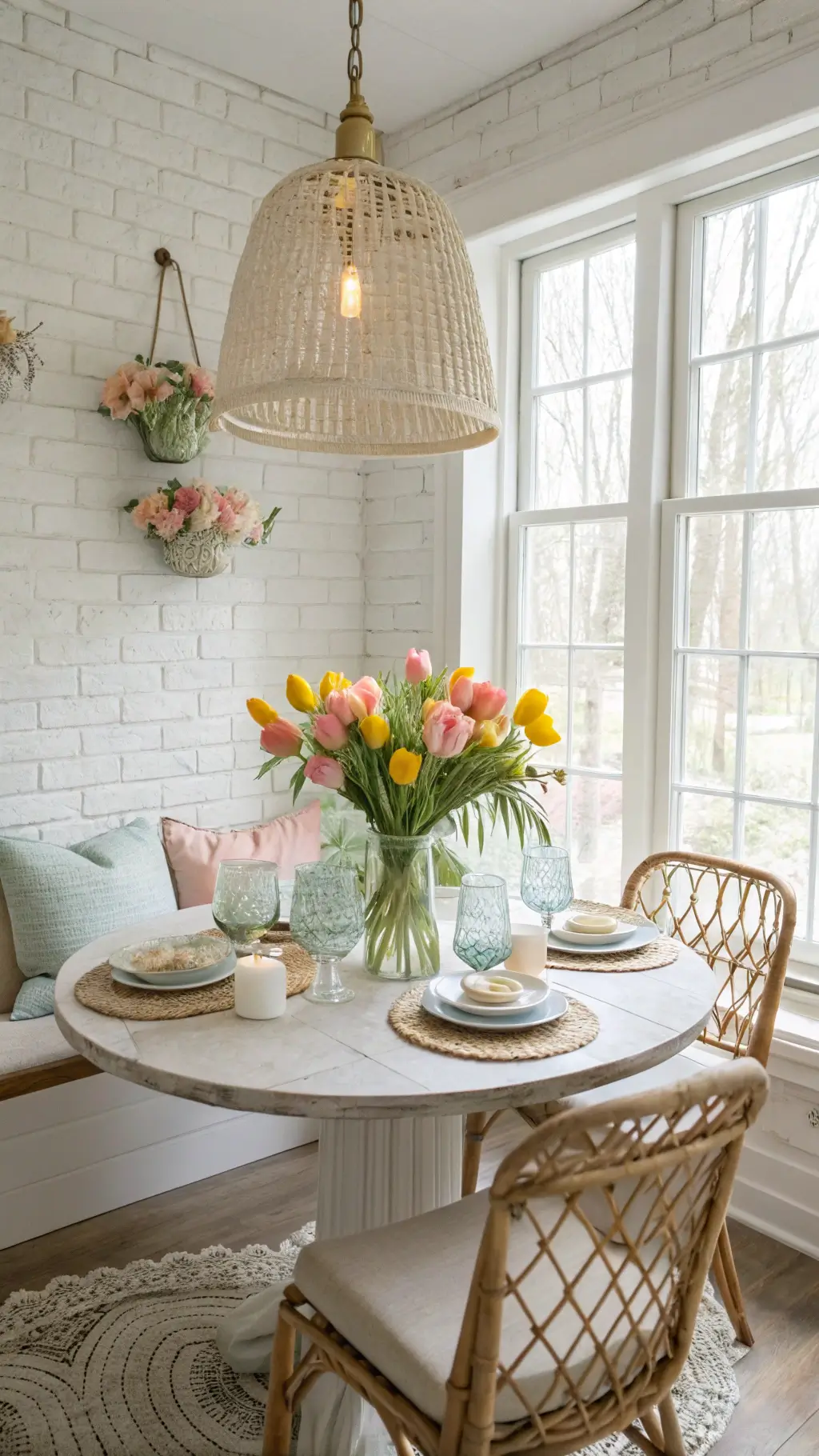Cozy breakfast nook with vintage lace-dressed oak table, pastel flowers in milk glass vases, rose gold cutlery, rattan chairs, and soft morning light.
