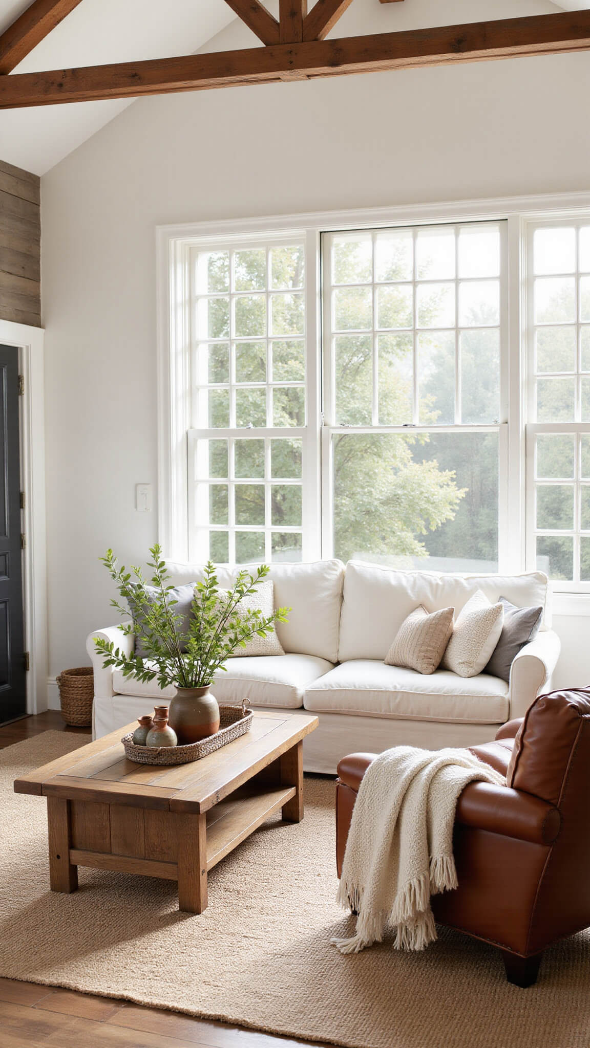 Cozy farmhouse living room with cream linen sectional, exposed beams, barn wood coffee table, and golden afternoon light streaming through large windows.