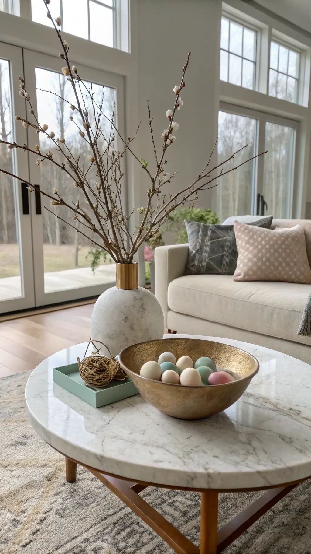Bird's-eye view of a modern Easter coffee table with a round marble surface, smoke glass vase of white cherry branches, pastel hand-painted eggs, and a brass bowl on an ivory rug in a sunlit concrete-floor living room.