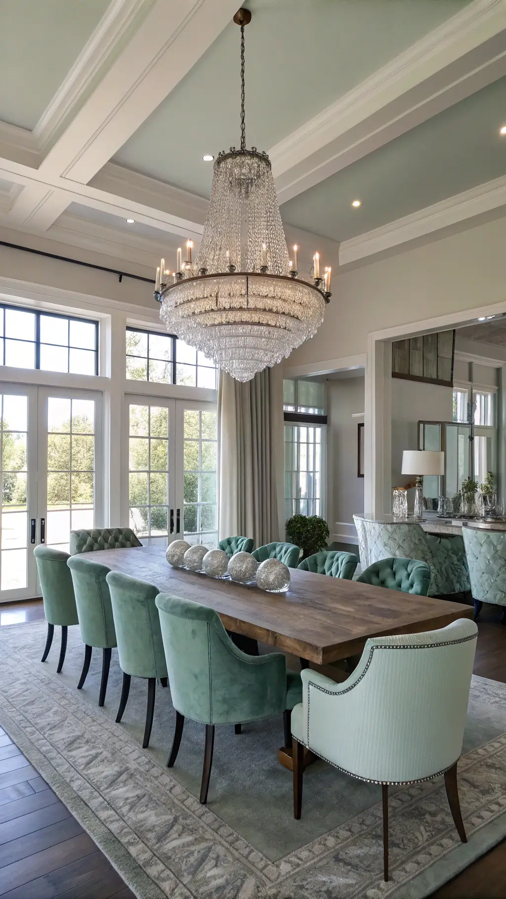 Open-concept dining room with high ceilings, salvaged wood table, sage velvet chairs, crystal chandelier, and sunlit windows with sheer curtains.