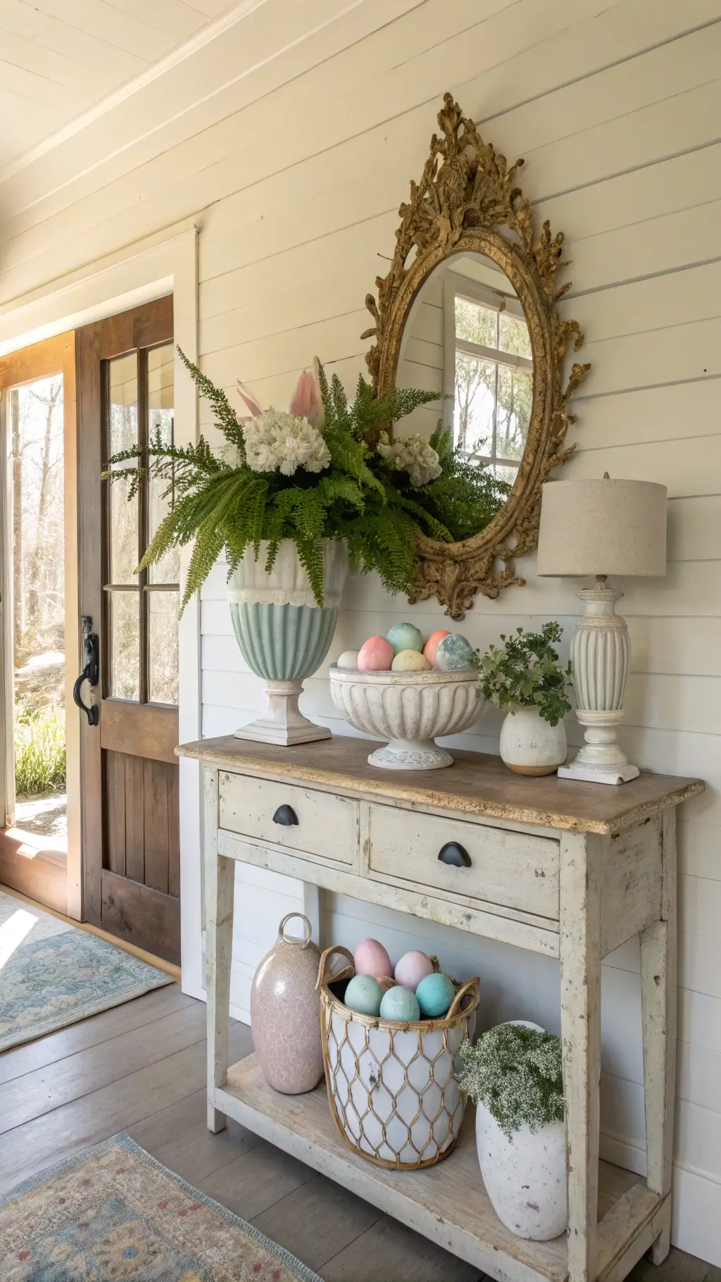 Cozy entryway with vintage console, ornate gold mirror, Easter eggs, and fresh hydrangeas in soft afternoon light.