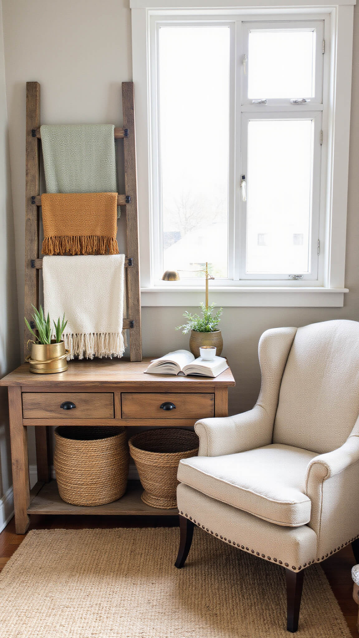 Cozy farmhouse reading nook with oatmeal bouclé armchair, brass floor lamp, vintage ladder displaying neutral handwoven blankets, and woven baskets under a reclaimed console.