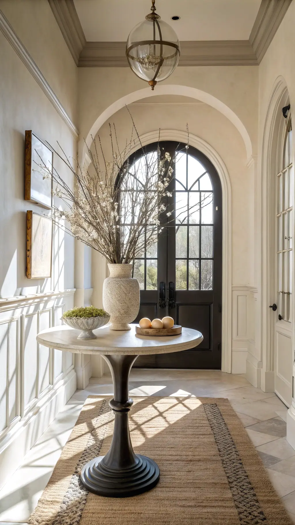 Minimalist Easter entryway with tall arched ceiling, marble table with black base, ceramic vase of pussy willows, glass eggs, and natural jute runner in dramatic morning light.
