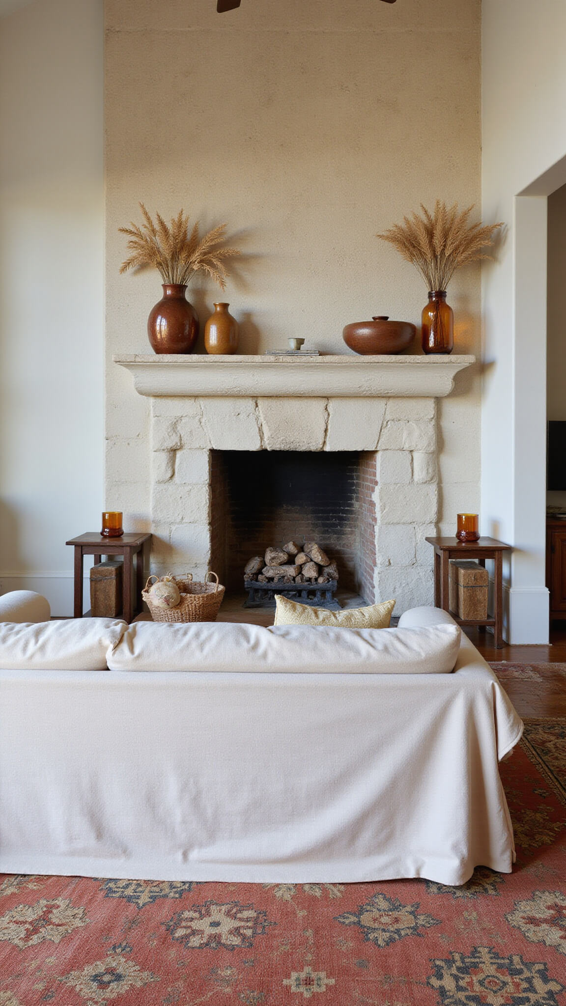 Rustic autumn-themed great room with stone fireplace, natural linen sofa, copper accents, and vintage Persian rug.