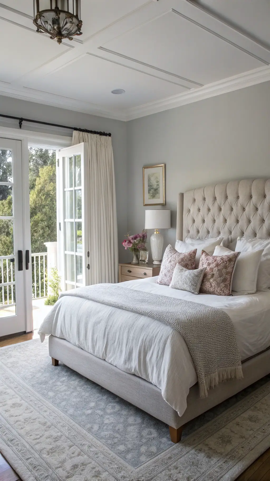 Serene master bedroom at dawn with pale gray walls, tufted linen headboard, white bedding, pastel pillows, bunny lamps on vintage nightstands, gauzy curtains, and French doors opening to a flower-filled balcony.