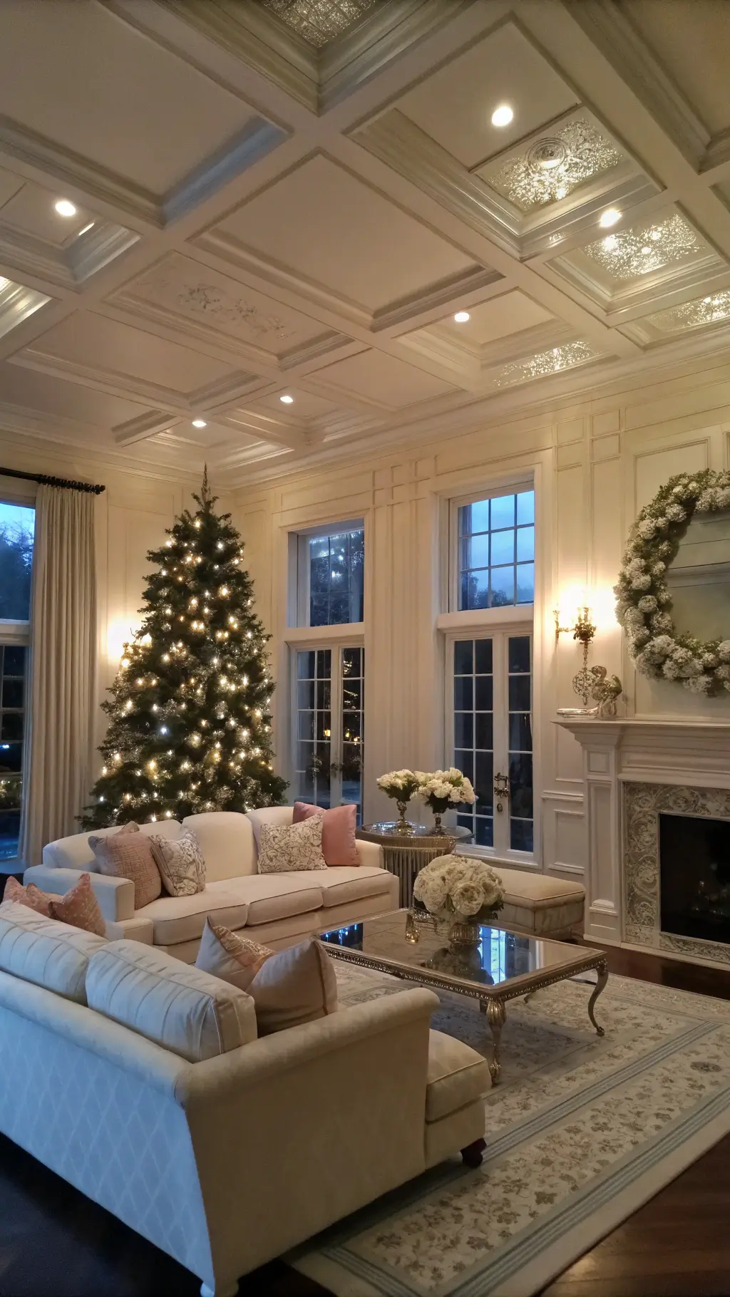 Elegant formal living room with coffered ceilings and an Easter tree adorned with hand-painted eggs near tall windows, cream velvet sofas with metallic pillows, and crystal vases of ranunculus and peonies on lucite tables during blue hour.