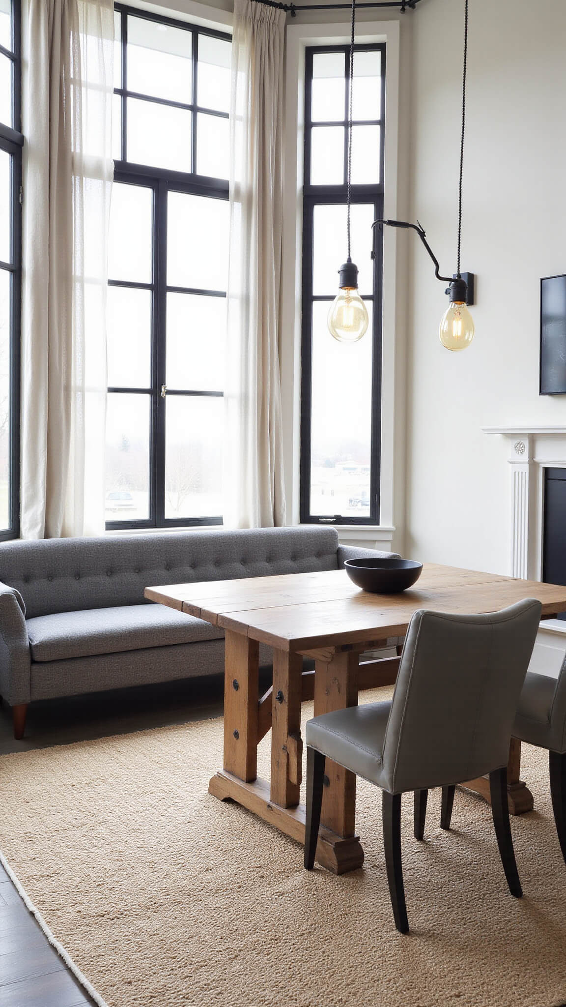 Overhead view of modern farmhouse dining space with high ceilings, black steel-framed windows, sheer drapes, charcoal bench, distressed wood table, neutral sisal rug, and industrial pendant lights.