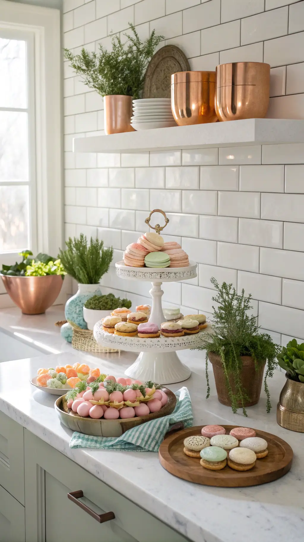 Midmorning light fills a 12x14ft kitchen nook with white subway tiles, a marble island topped with vintage cake stands of pastel macarons and Easter cookies, copper mixing bowls, and terra cotta pots of fresh herbs.