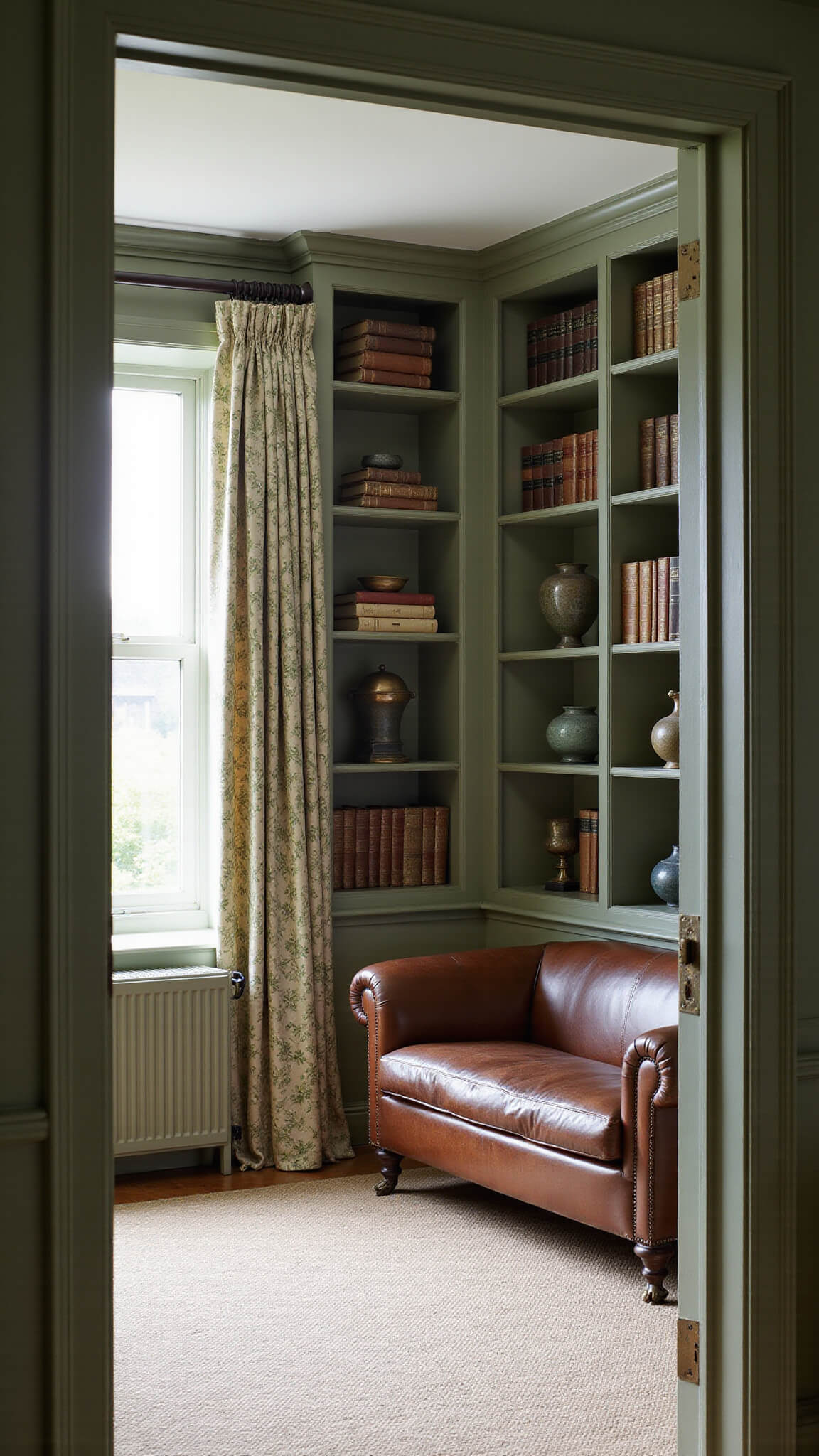 Vintage farmhouse library with sage green built-in bookcases, antique leather Chesterfield sofa, brass lamp, and sunlit café curtains.