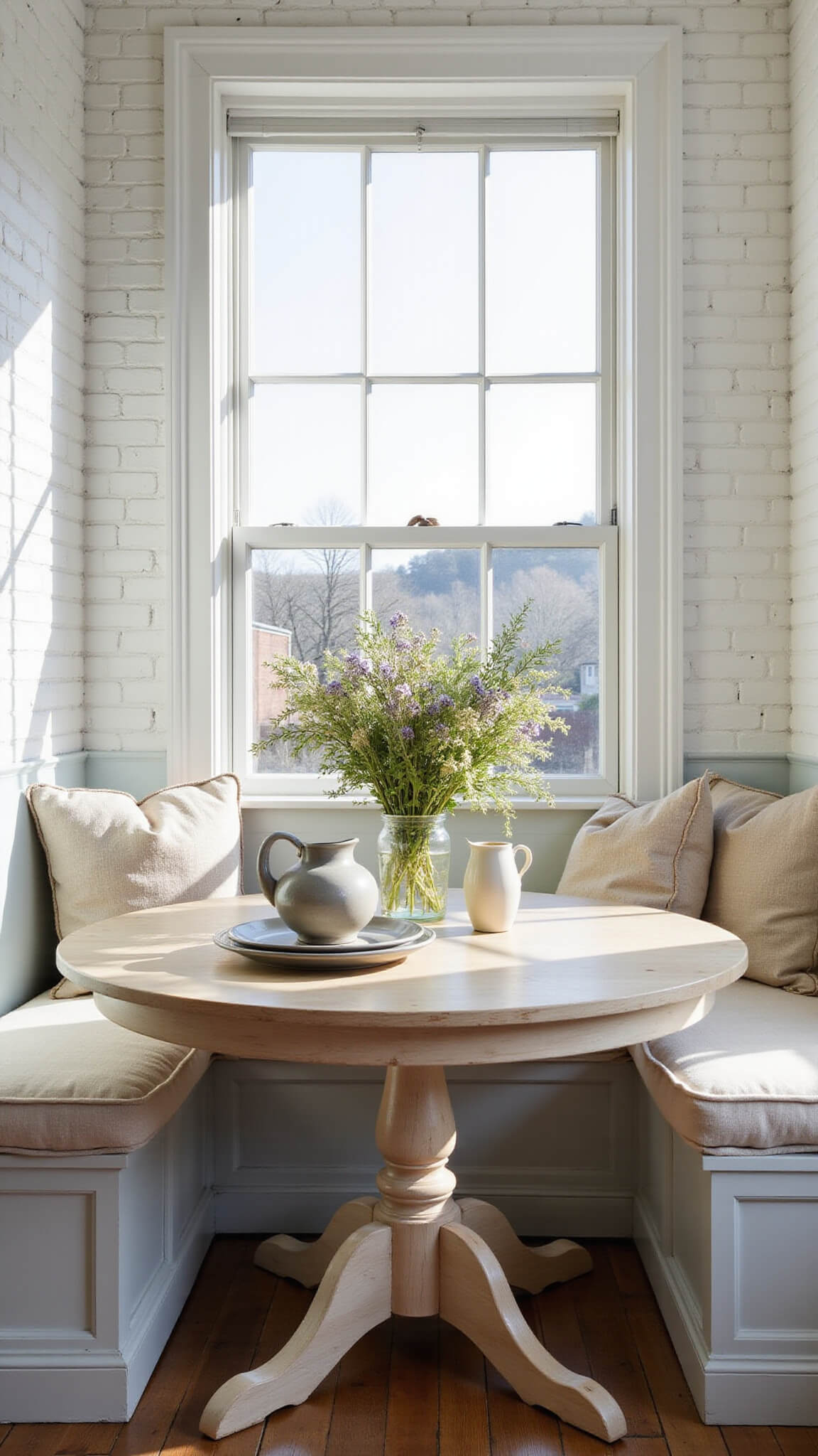 Sunlit farmhouse breakfast nook with cream banquette, round oak table styled with ironstone pottery and wildflowers, vintage grain sack pillows, and a blue Dutch door.