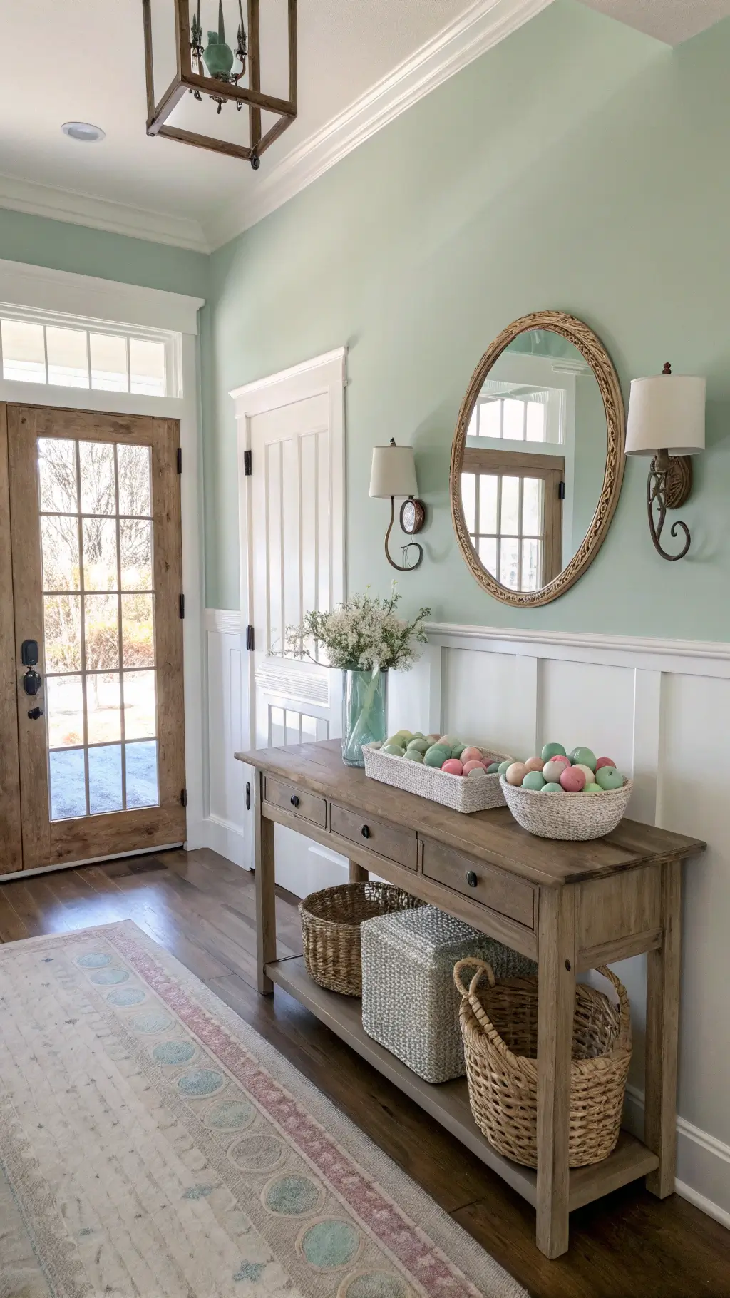 Spring-themed sunlit entryway with mint green walls, white wainscoting, weathered oak console table, ceramic bunny centerpiece, pastel glass eggs, pussy willow basket, and vintage brass mirror.