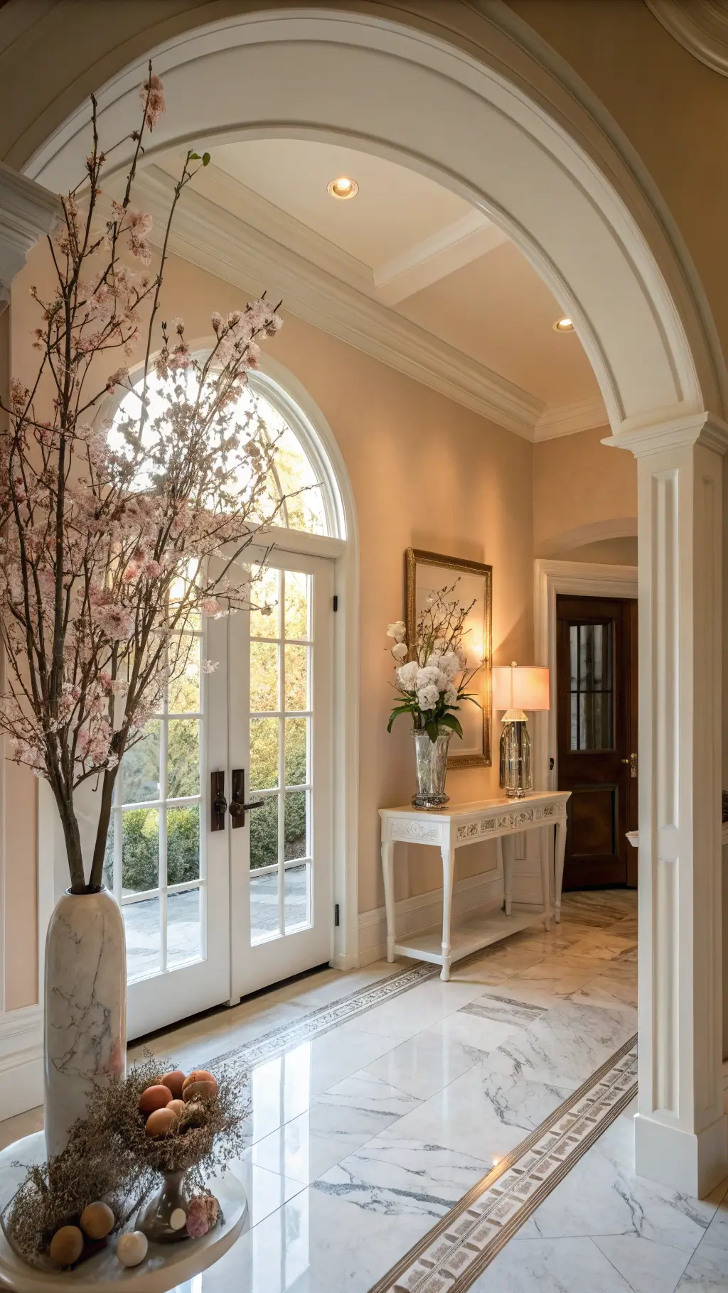 Elegant entryway alcove with arched ceiling, styled console featuring cherry blossoms, egg tree, and speckled egg nest, bathed in golden hour light.