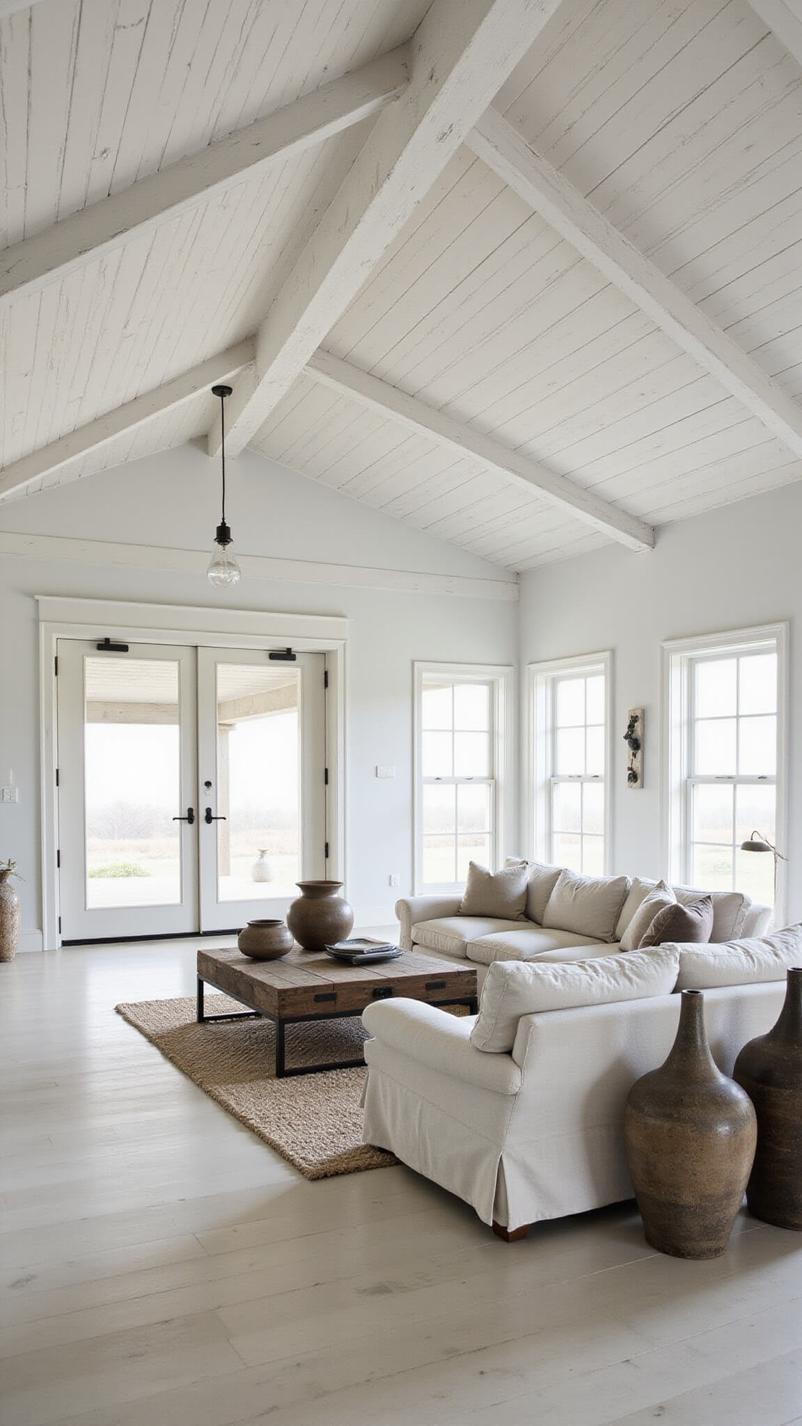 Minimalist farmhouse great room with cathedral ceiling, natural linen furniture, raw wood, black metal accents, and strategic dusk uplighting.
