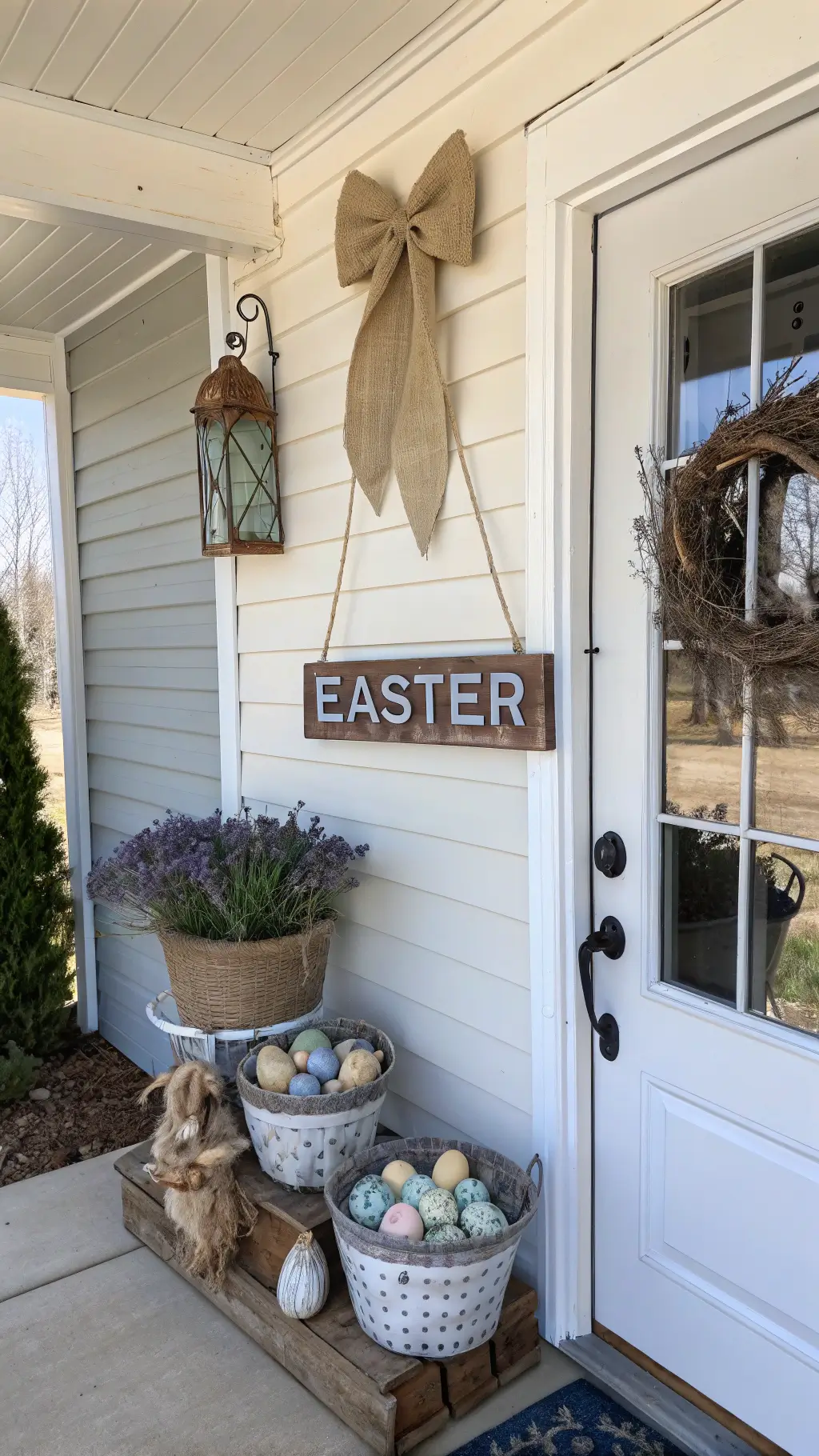 Rustic farmhouse entrance with whitewashed shiplap walls, Easter-themed welcome sign, burlap and linen bow, wire baskets of speckled eggs and lavender, and vintage metal accents in soft morning light.