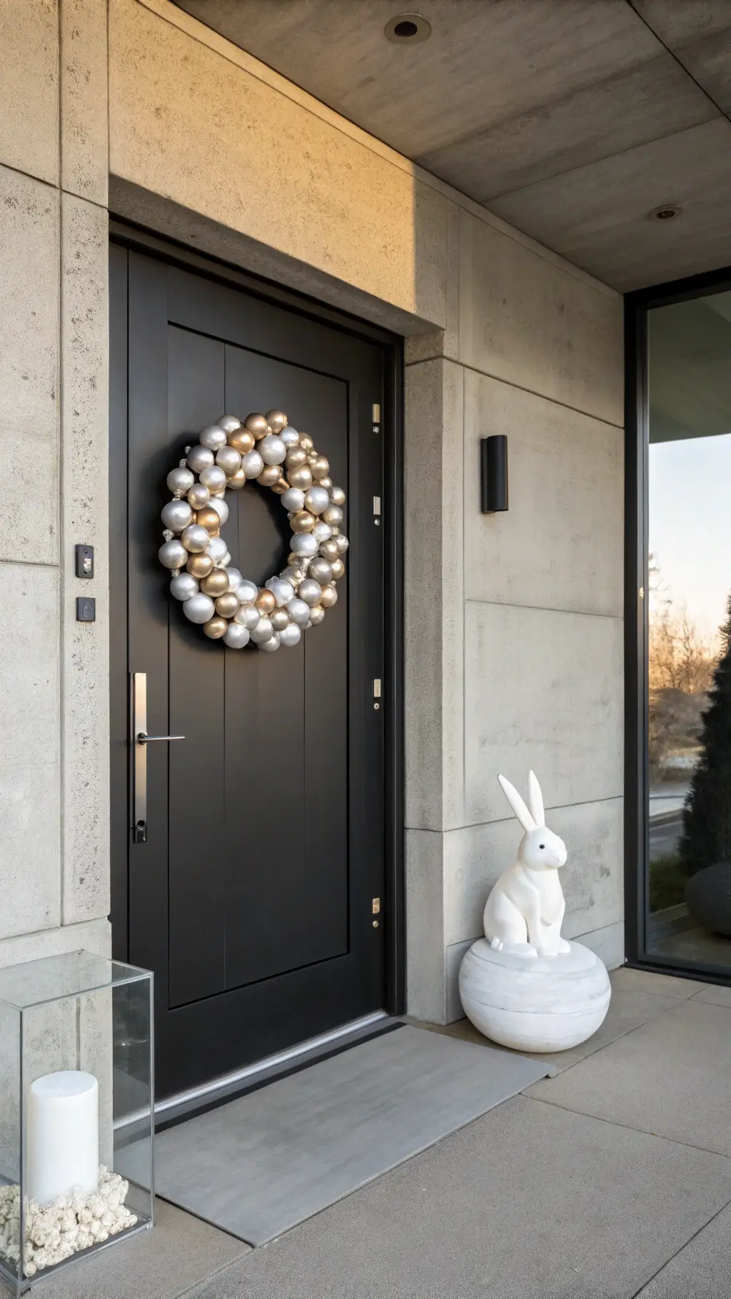 Modern minimalist Easter entrance with tall matte black door, white wreath with rose-gold eggs, and ceramic rabbit in acrylic cube, dramatic shadows on concrete portico and gray stone floor.