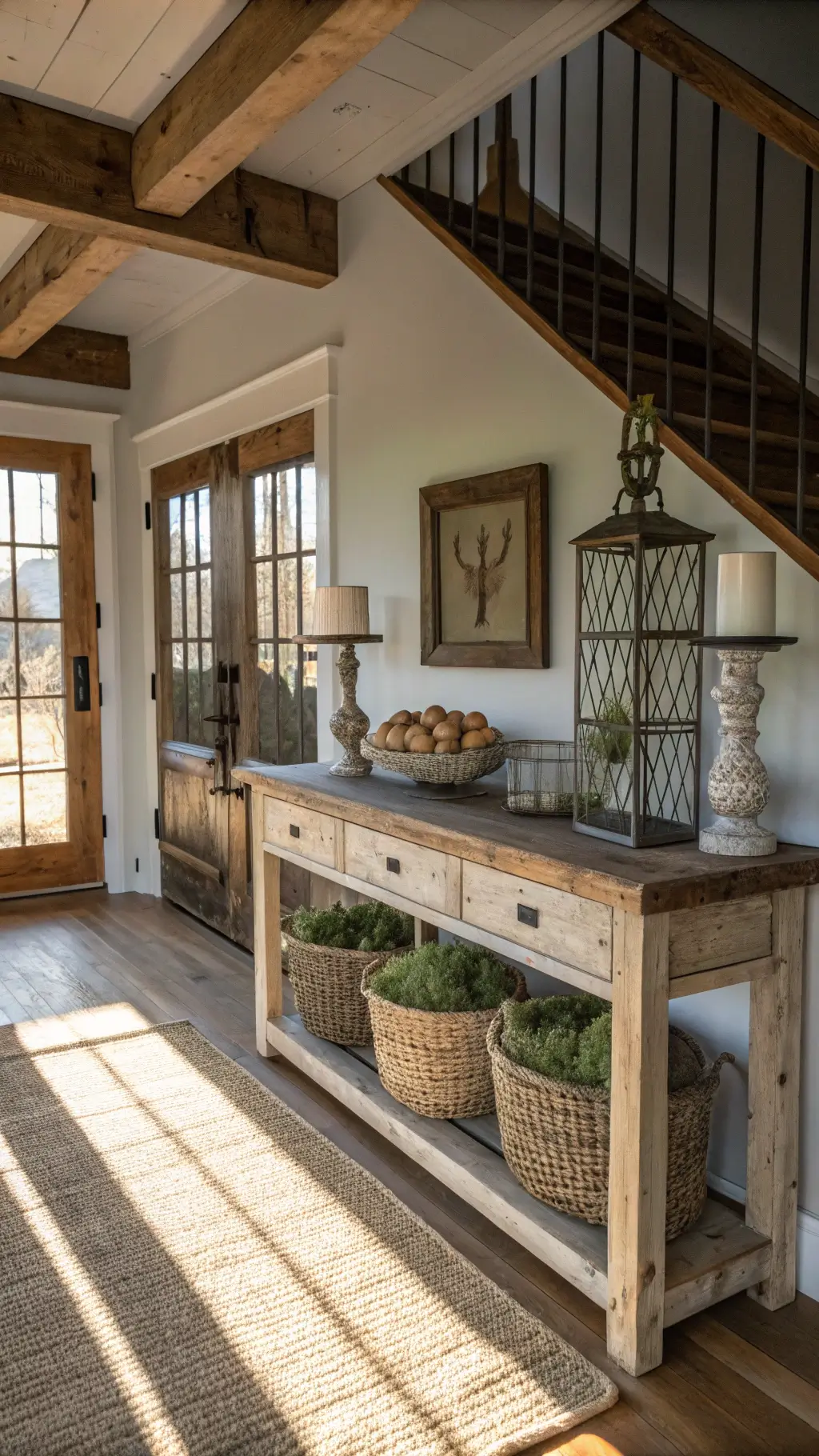 Farmhouse-style foyer with exposed wooden beams, rustic console decorated with metal bunny, egg baskets, and candlesticks, lit by mid-morning and warm fill light.
