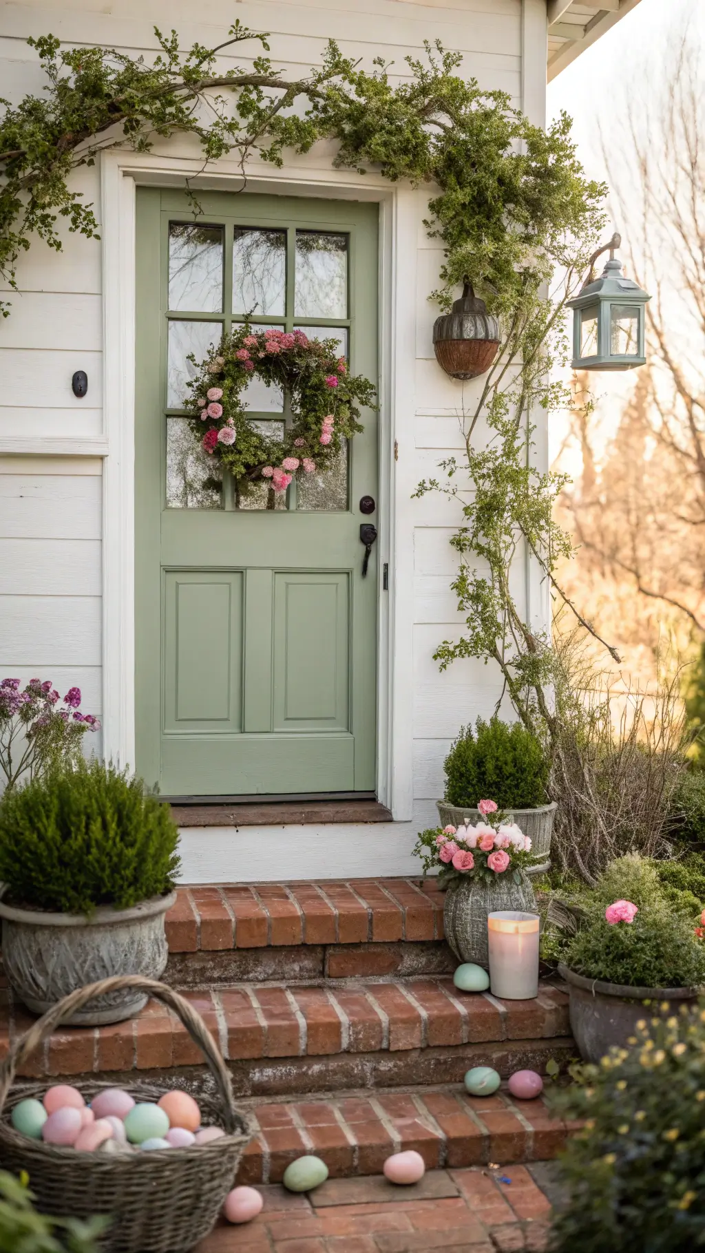 Sage green Dutch door with antique glass panels, adorned with a lush floral wreath, terra cotta pots of hyacinths on whitewashed steps, and a vintage wire basket of pastel eggs in soft morning light.