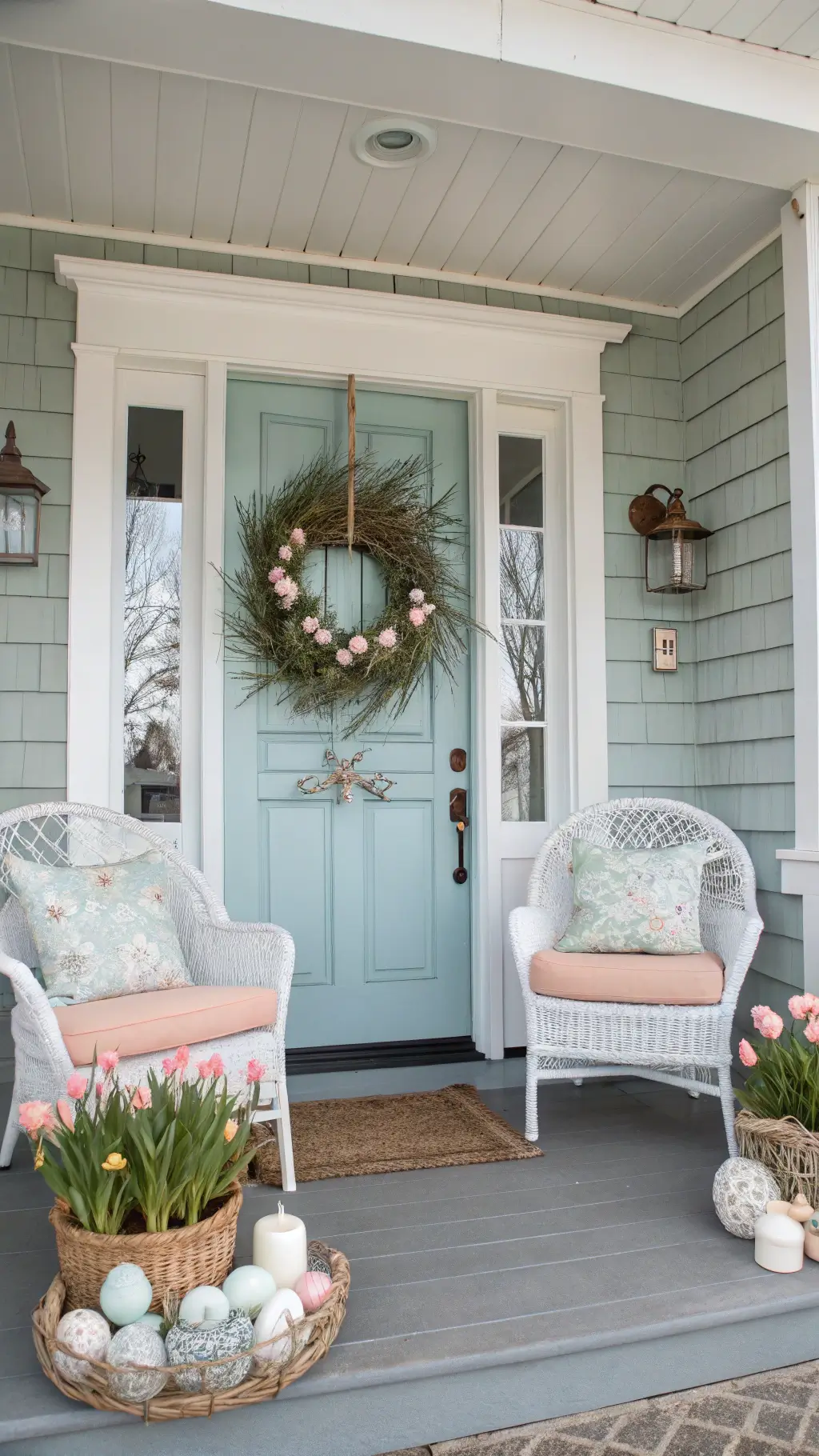 Coastal Easter porch with powder blue Nantucket door, sea grass wreath, white wicker chairs, tulips in shell-lined planters, and bunny-themed decor.