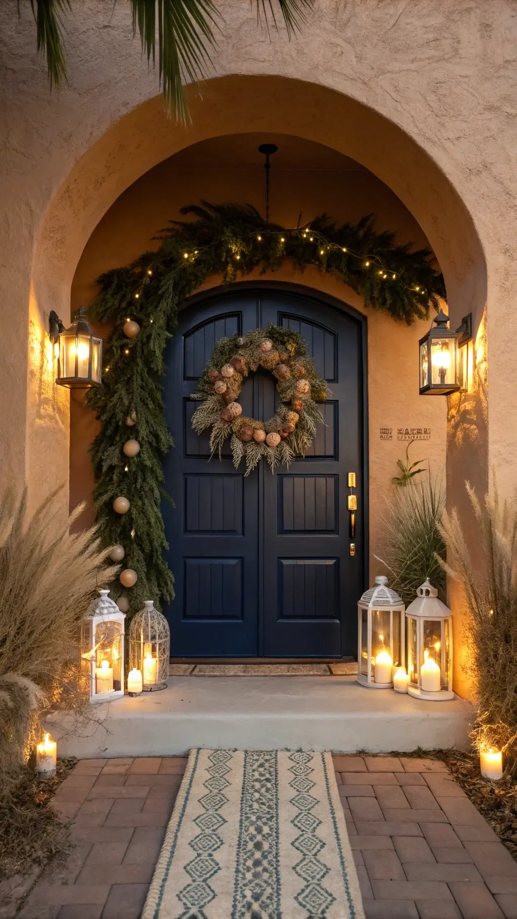 Bohemian Easter entrance with navy door in terra cotta archway, asymmetrical wreath of pampas grass, palm fronds, golden eggs, macramé, Moroccan lanterns glowing at dusk, and vintage kilim runner.