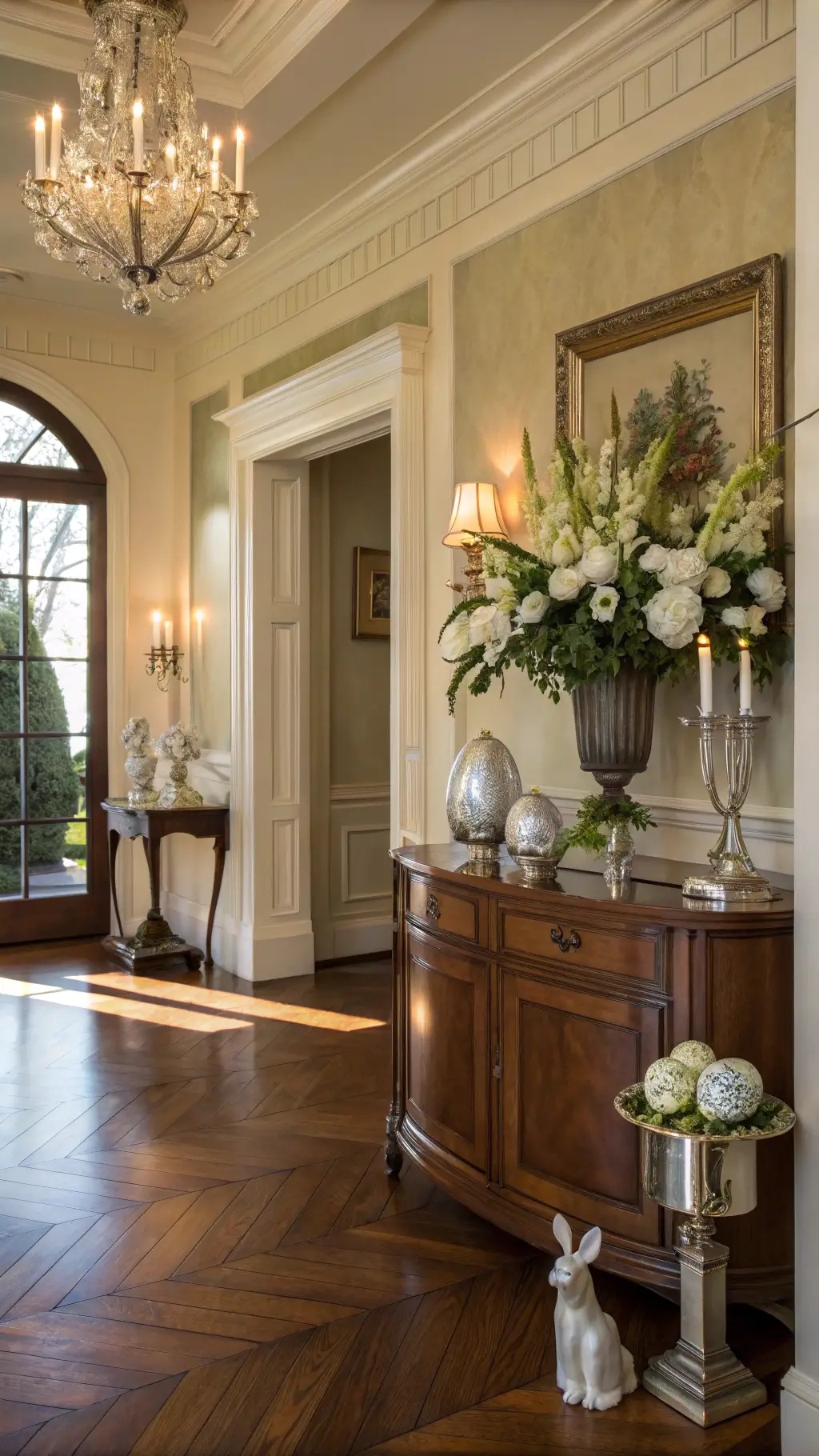 Elegant traditional foyer with crown molding, herringbone hardwood, mahogany console decorated for Easter, sage green damask wallpaper, and golden late afternoon lighting.