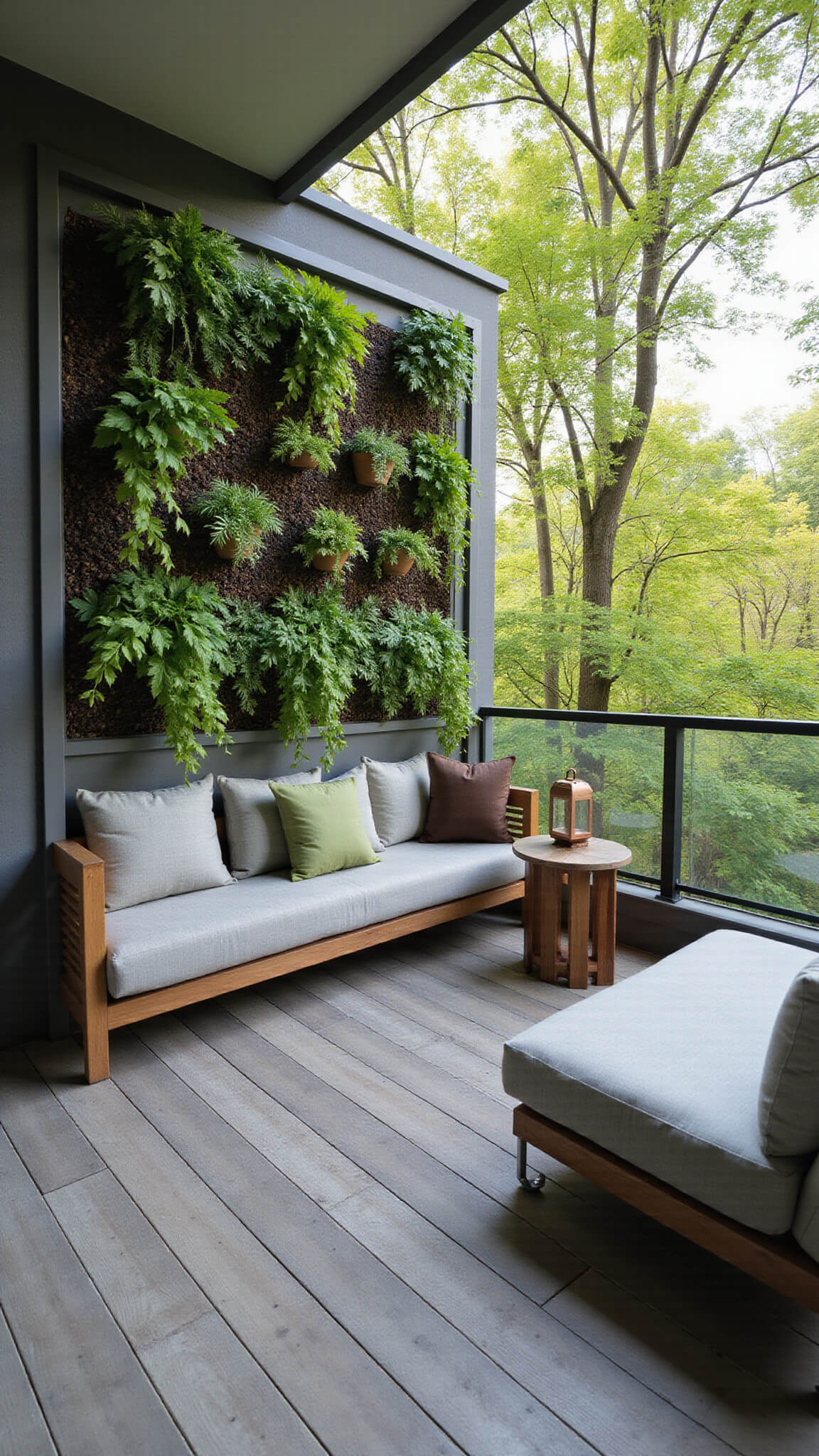 Modern 6x8 ft balcony with vertical garden, layered ferns and vines, corner seating with sage cushions, and glass railing under dappled pergola light.